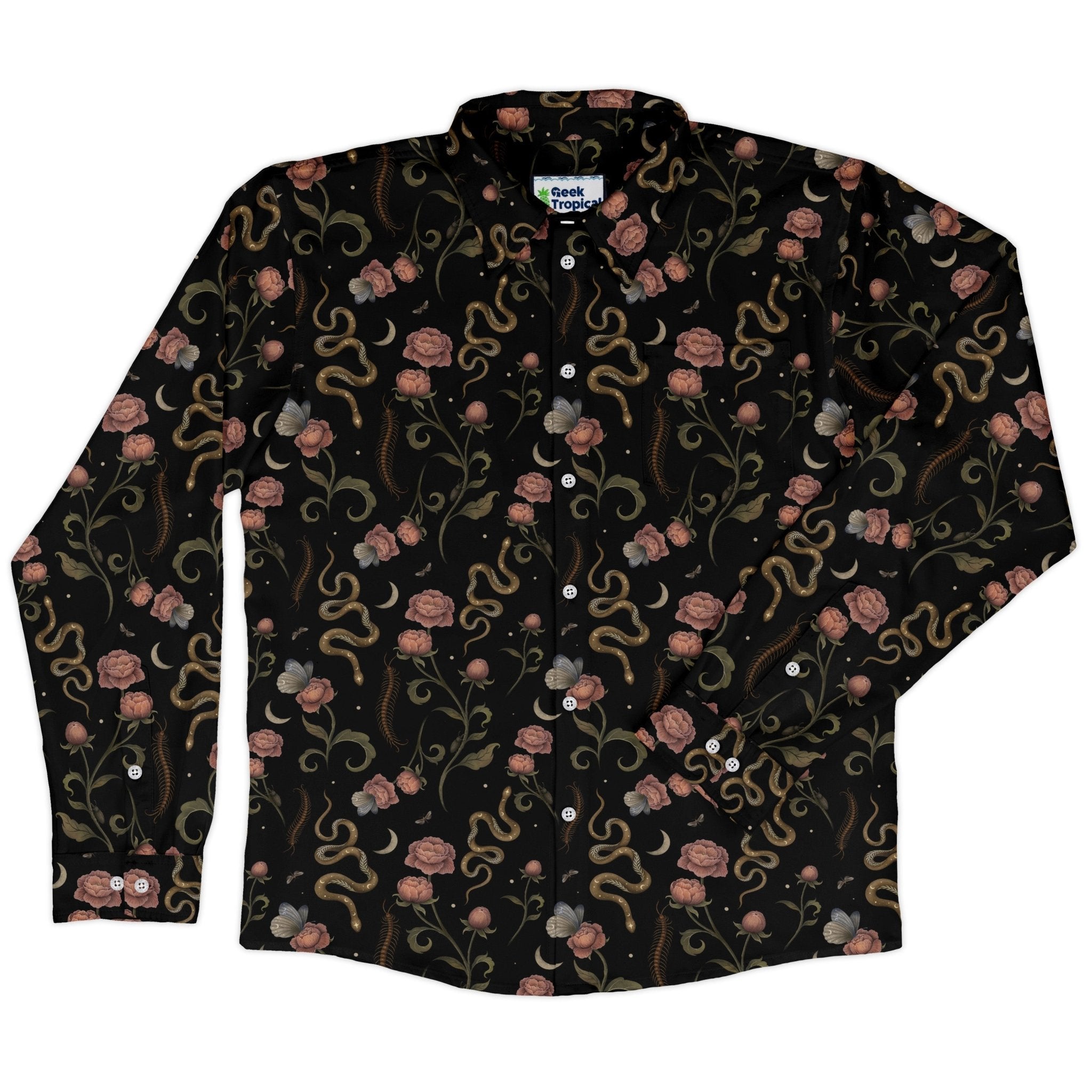 Episodic Serpent Garden Pink Space Long Sleeve Button Up Shirt Geek Nerd adult sizing Animal Patterns Botany Print