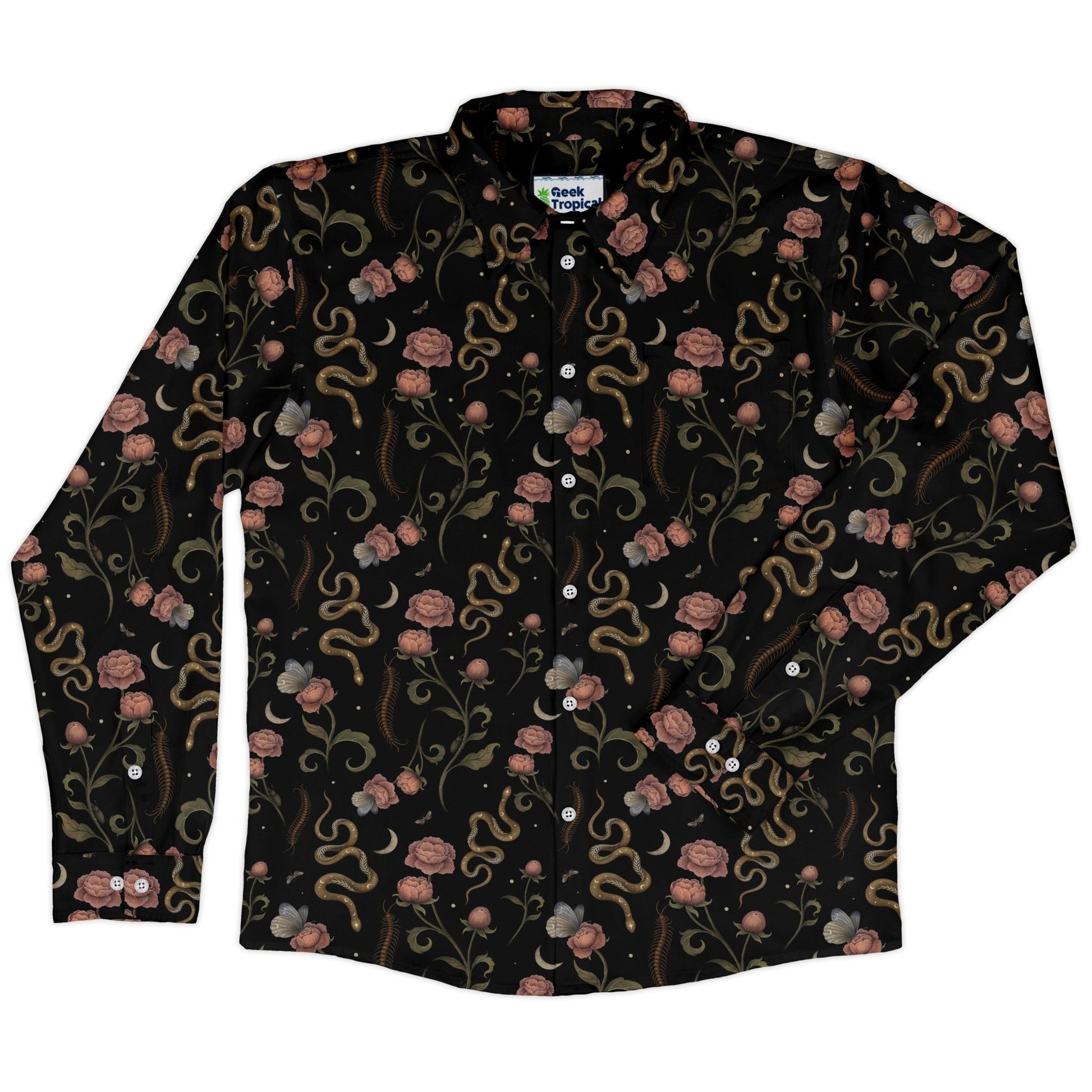 Episodic Serpent Garden Pink Space Long Sleeve Button Up Shirt Geek Nerd adult sizing Animal Patterns Botany Print