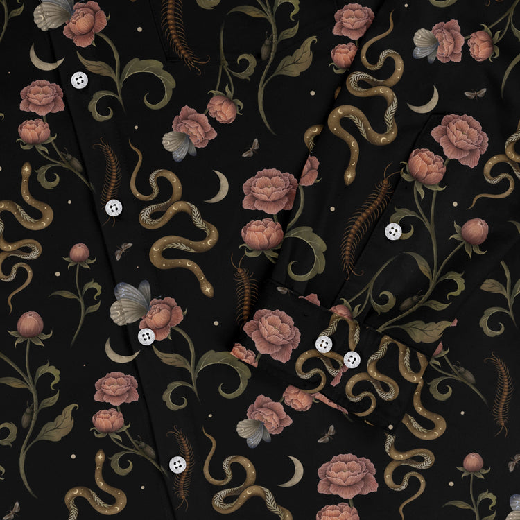 Episodic Serpent Garden Pink Space Long Sleeve Button Up Shirt Geek Nerd adult sizing Animal Patterns Botany Print