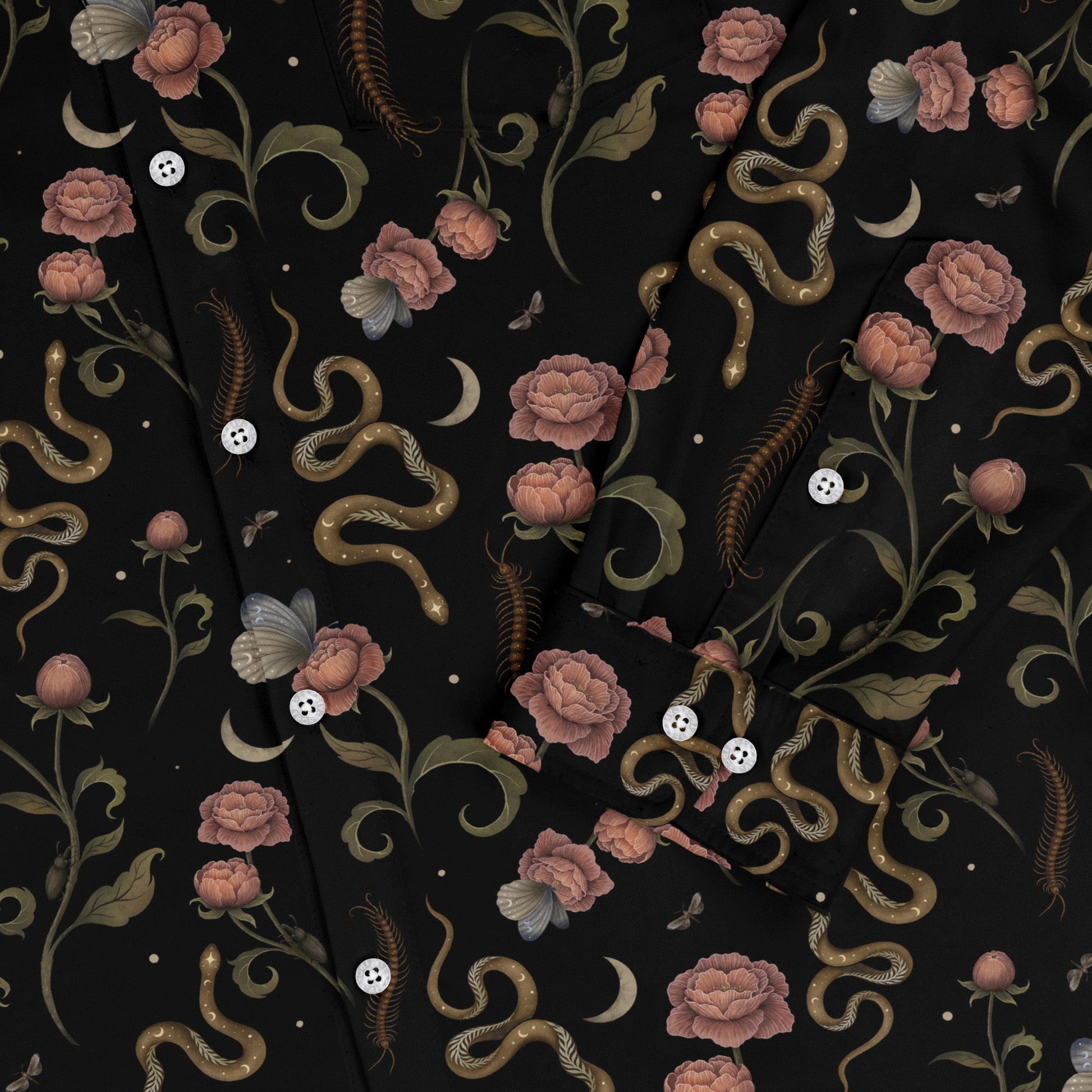 Episodic Serpent Garden Pink Space Long Sleeve Button Up Shirt Geek Nerd adult sizing Animal Patterns Botany Print