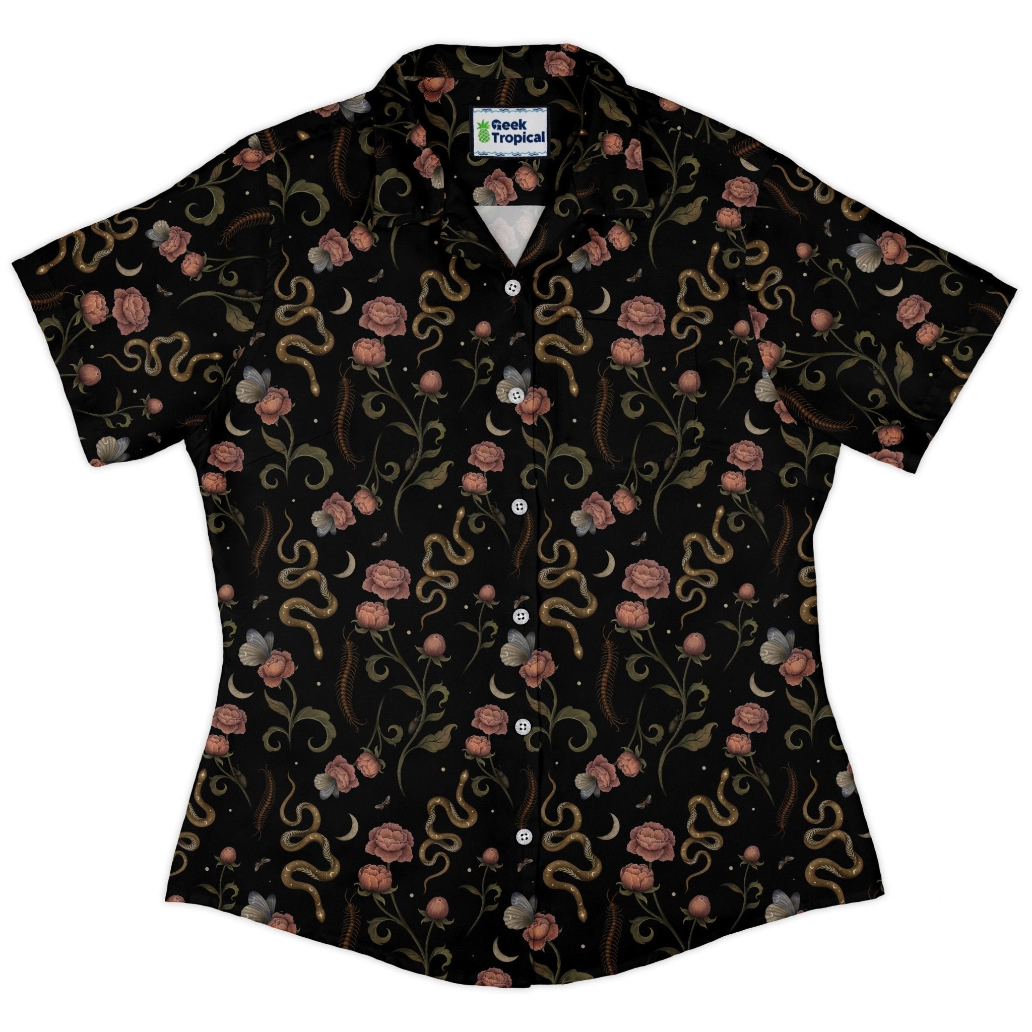 Clearance Ready - to - Ship Episodic Serpent Garden Pink Space Curvy Button Up Shirt Geek Nerd Animal Patterns Botany Print Clearance