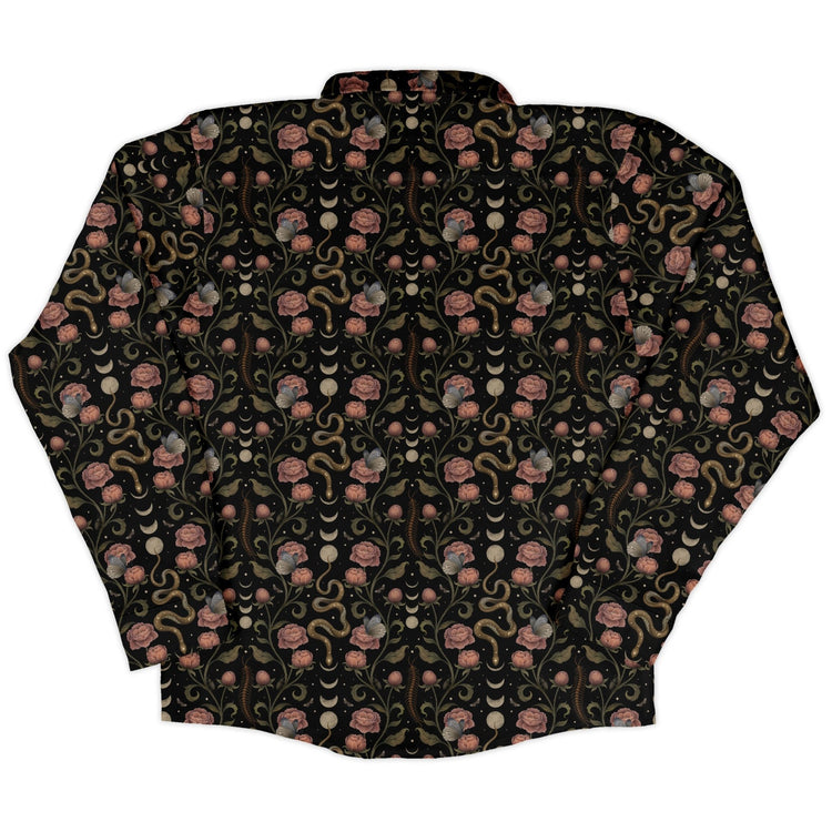 Episodic Serpent Garden Pink Long Sleeve Button Up Shirt Geek Nerd adult sizing Animal Patterns Botany Print