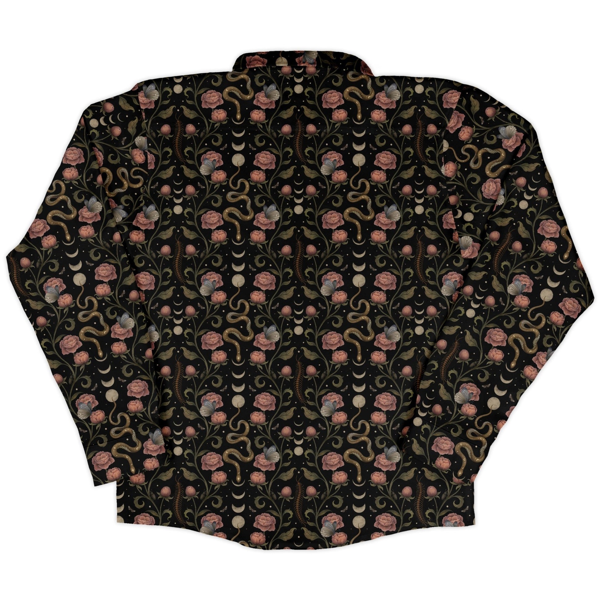 Episodic Serpent Garden Pink Long Sleeve Button Up Shirt Geek Nerd adult sizing Animal Patterns Botany Print