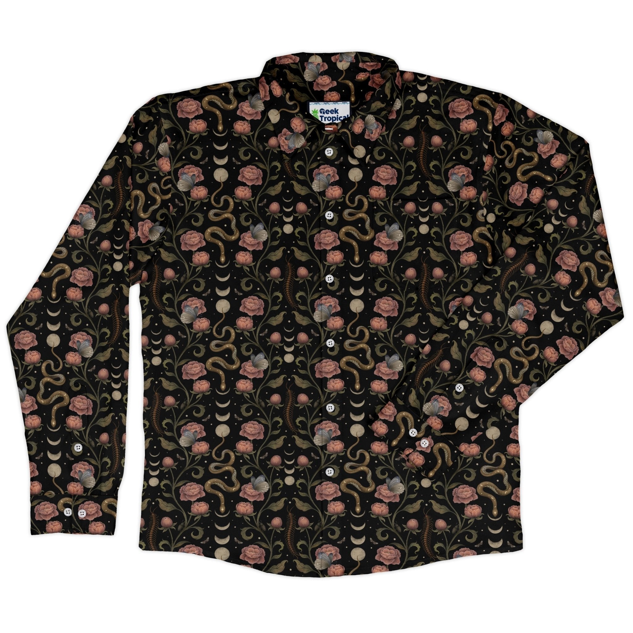 Episodic Serpent Garden Pink Long Sleeve Button Up Shirt Geek Nerd adult sizing Animal Patterns Botany Print