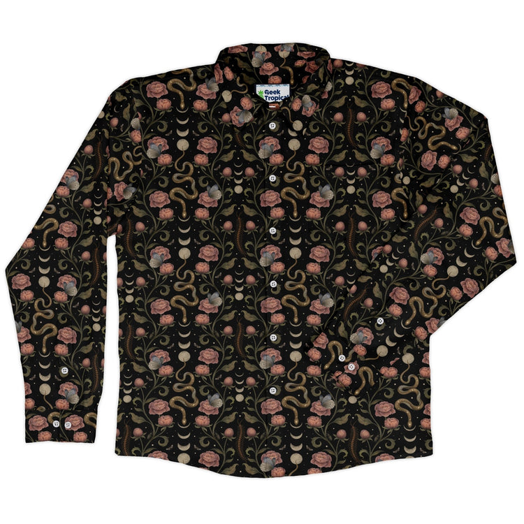 Episodic Serpent Garden Pink Long Sleeve Button Up Shirt Geek Nerd adult sizing Animal Patterns Botany Print