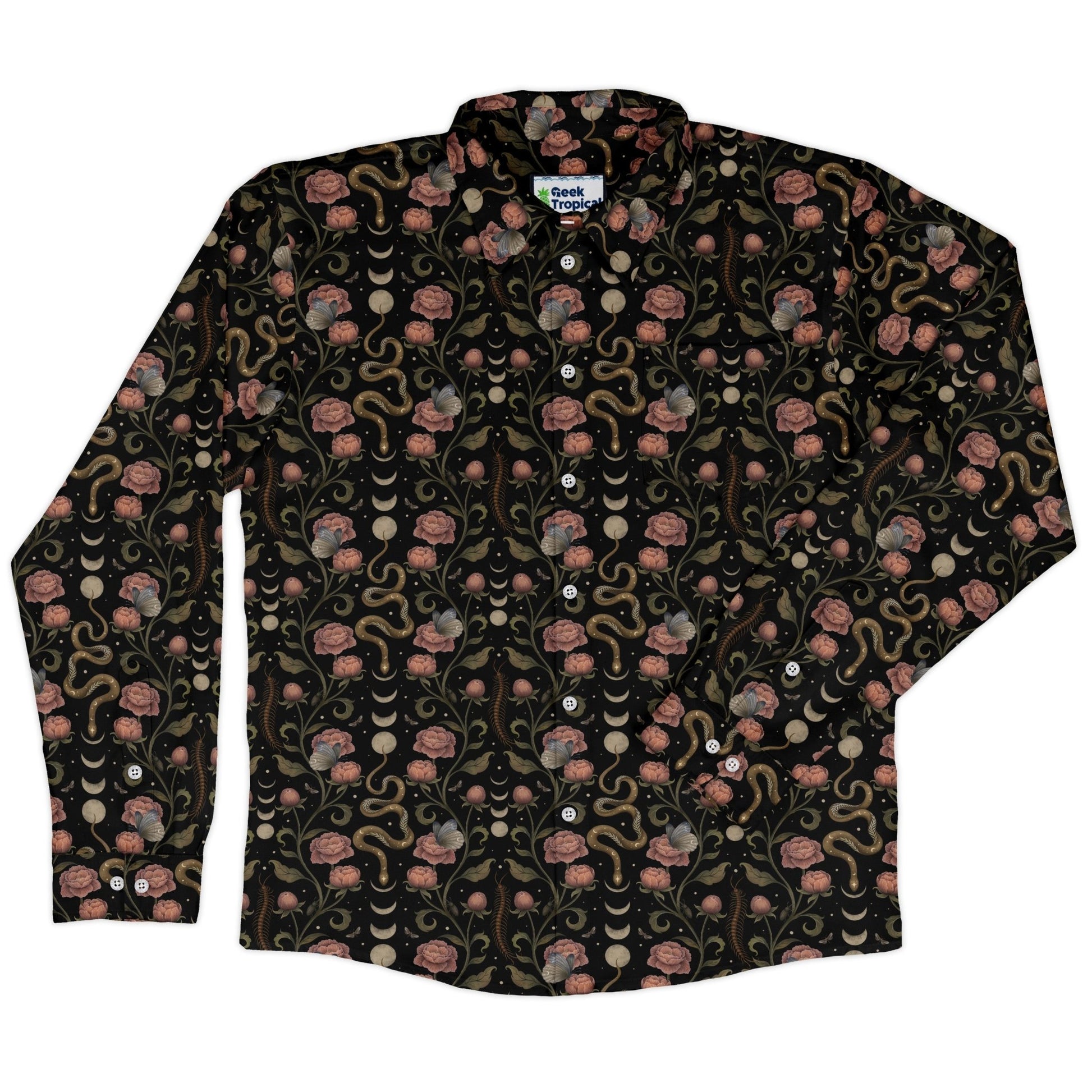 Episodic Serpent Garden Pink Long Sleeve Button Up Shirt Geek Nerd adult sizing Animal Patterns Botany Print
