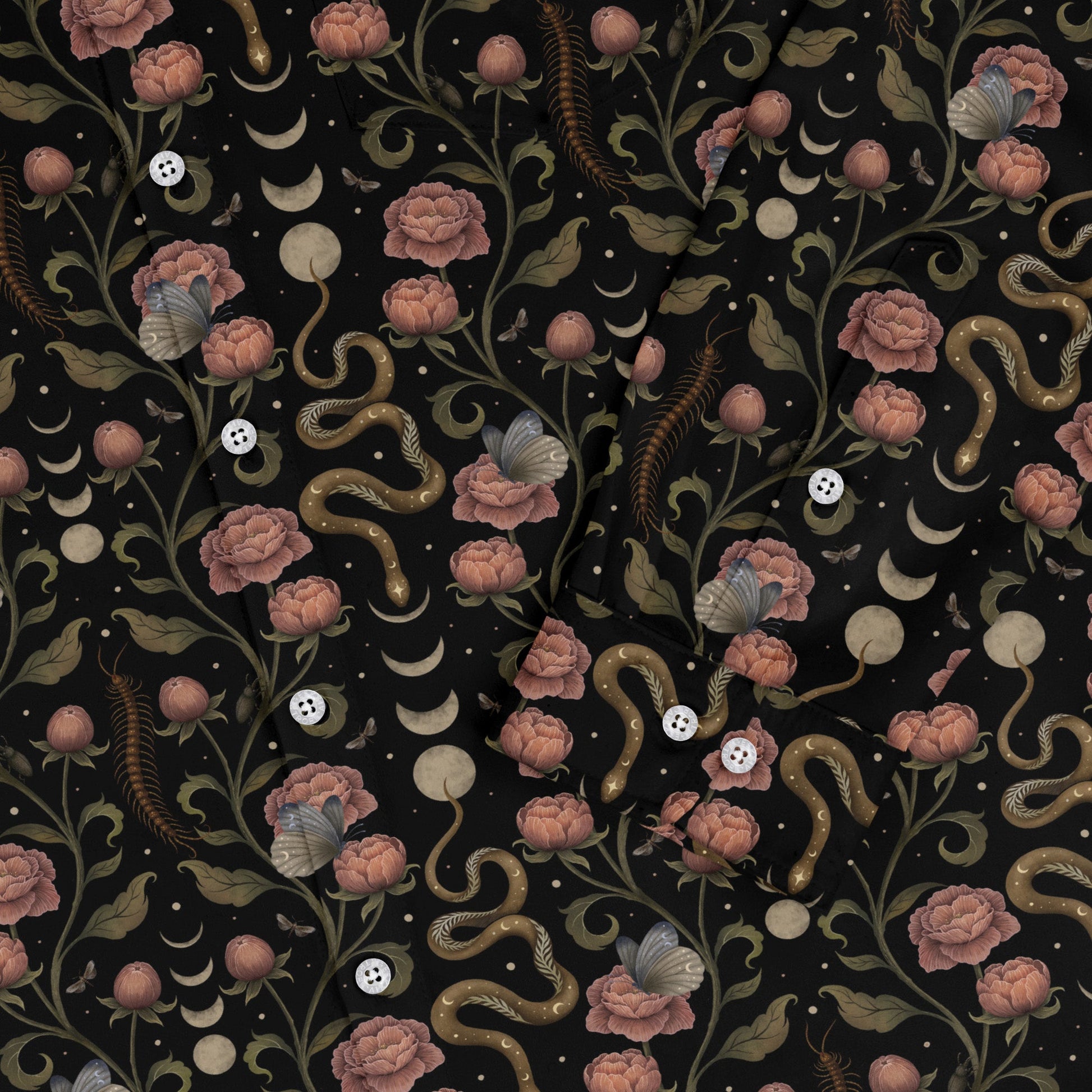 Episodic Serpent Garden Pink Long Sleeve Button Up Shirt Geek Nerd adult sizing Animal Patterns Botany Print