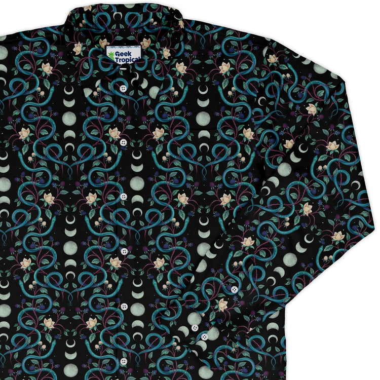 Episodic Serpent Moon Long Sleeve Button Up Shirt Geek Nerd adult sizing Animal Patterns Botany Print