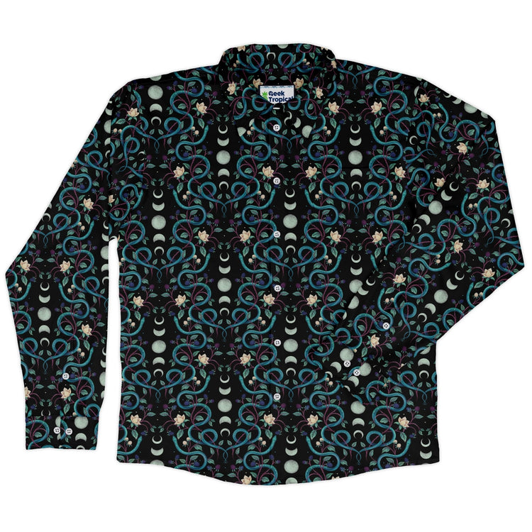 Episodic Serpent Moon Long Sleeve Button Up Shirt Geek Nerd adult sizing Animal Patterns Botany Print