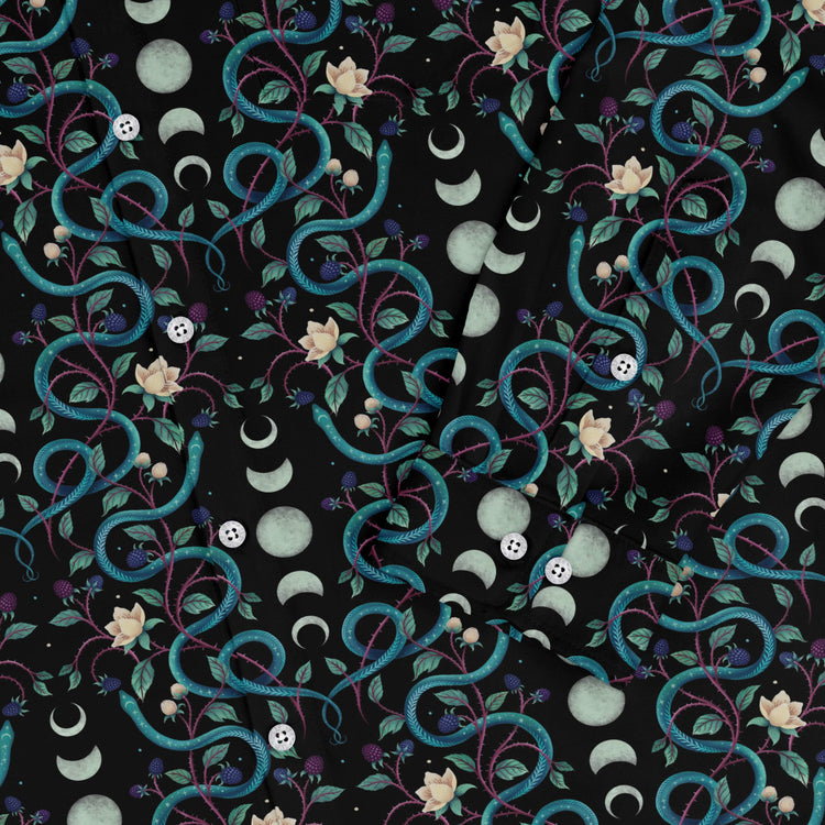 Episodic Serpent Moon Long Sleeve Button Up Shirt Geek Nerd adult sizing Animal Patterns Botany Print