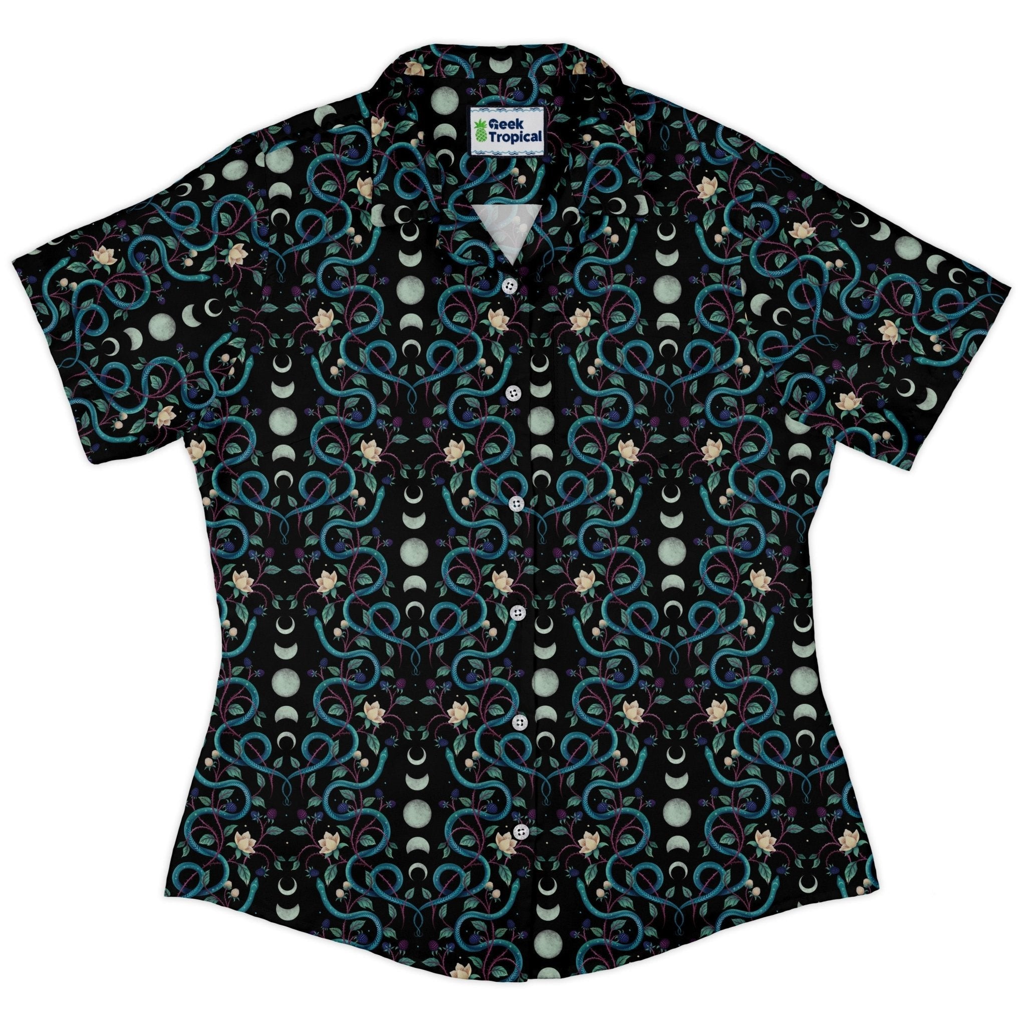 Clearance Ready - to - Ship Episodic Serpent Moon Curvy Button Up Shirt Geek Nerd Animal Patterns Botany Print Clearance