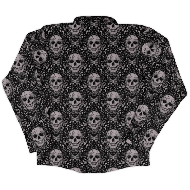 Episodic Skull Black White Long Sleeve Button Up Shirt Geek Nerd adult sizing Botany Print Design by Episodic