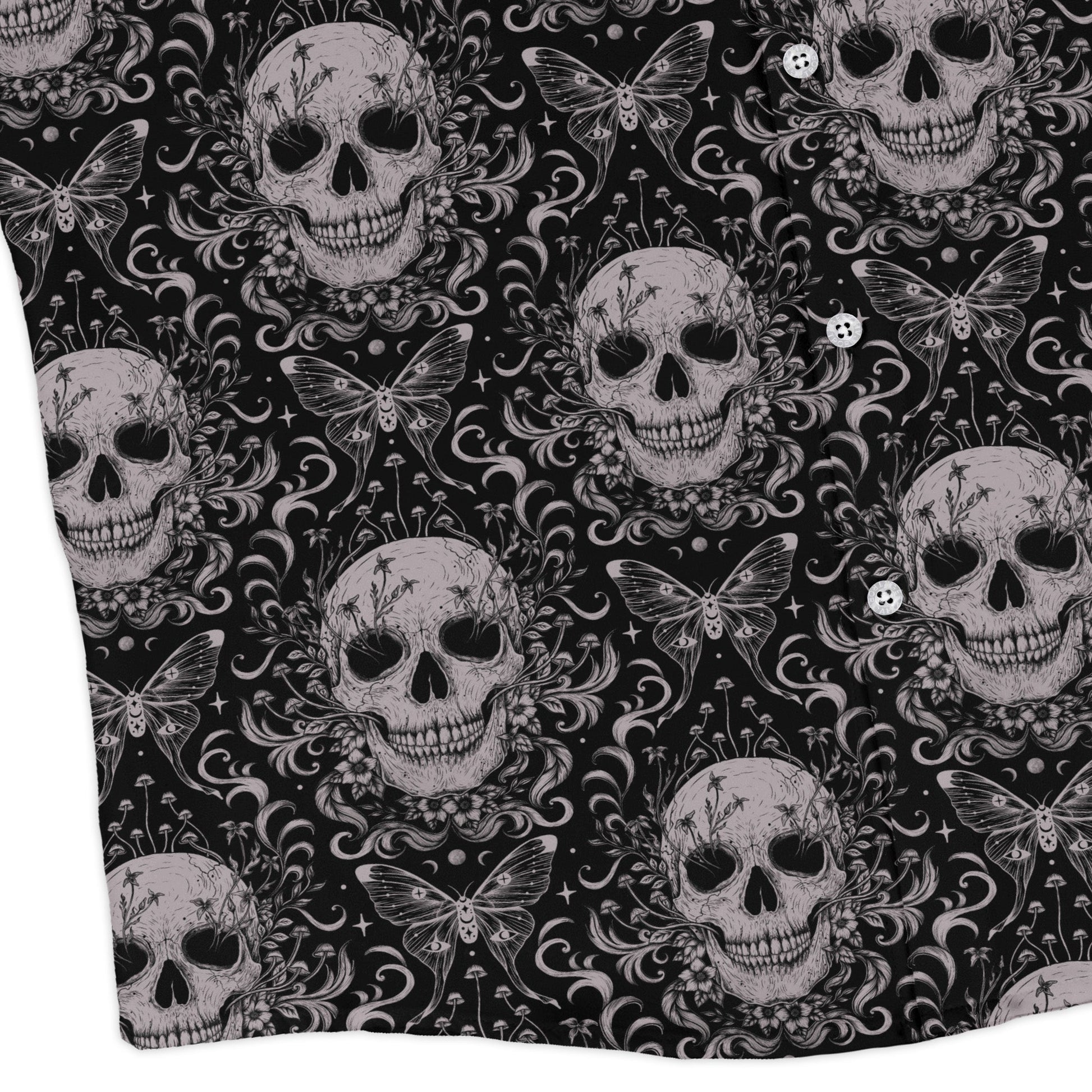 Episodic Skull Black White Long Sleeve Button Up Shirt Geek Nerd adult sizing Botany Print Design by Episodic