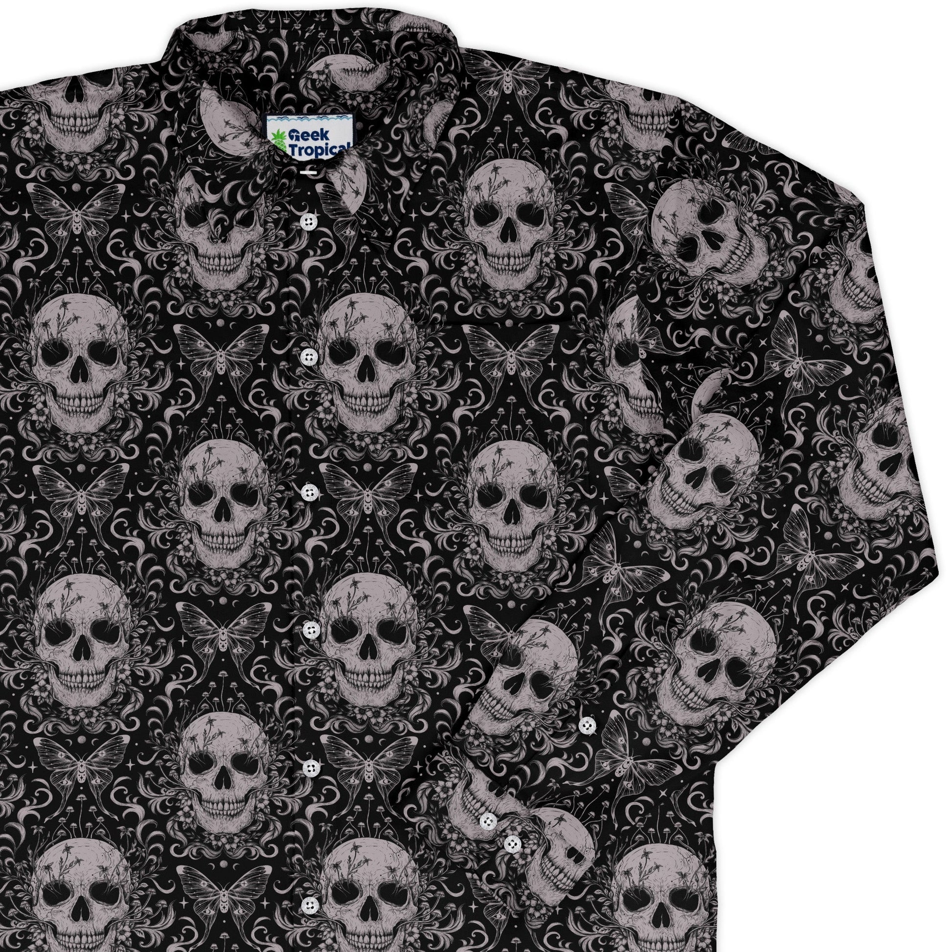 Episodic Skull Black White Long Sleeve Button Up Shirt Geek Nerd adult sizing Botany Print Design by Episodic