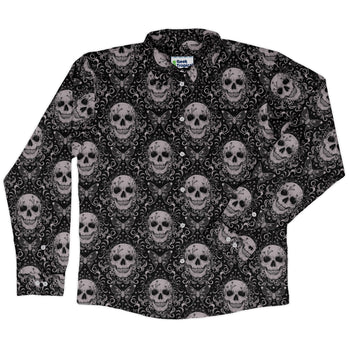 Episodic Skull Black White Long Sleeve Button Up Shirt Geek Nerd adult sizing Botany Print Design by Episodic