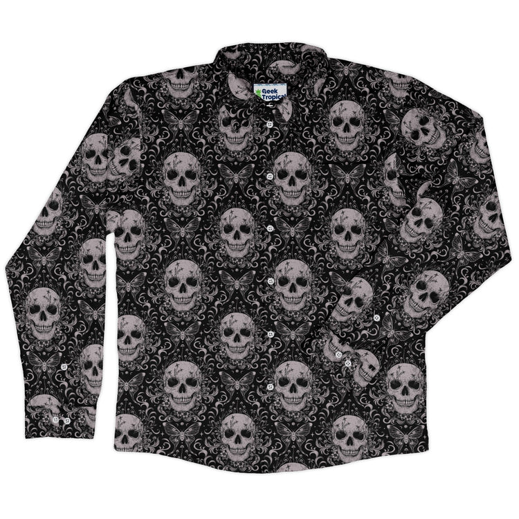 Episodic Skull Black White Long Sleeve Button Up Shirt Geek Nerd adult sizing Botany Print Design by Episodic