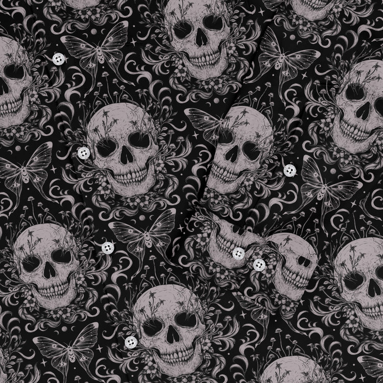 Episodic Skull Black White Long Sleeve Button Up Shirt Geek Nerd adult sizing Botany Print Design by Episodic