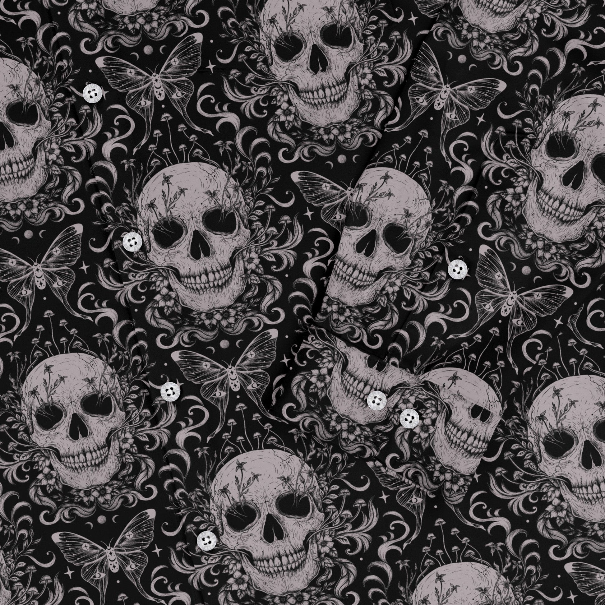 Episodic Skull Black White Long Sleeve Button Up Shirt Geek Nerd adult sizing Botany Print Design by Episodic