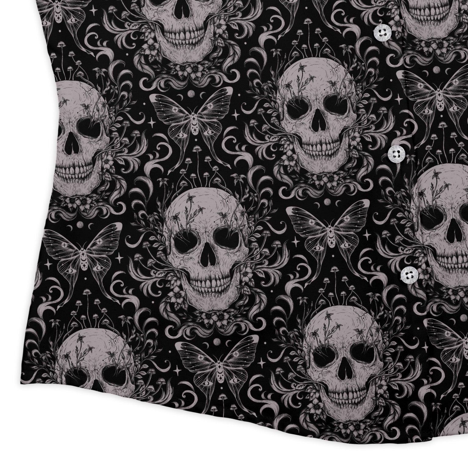 Episodic Skull Black White Curvy Button Up Shirt Geek Nerd Botany Print Design by Episodic Fantasy Prints