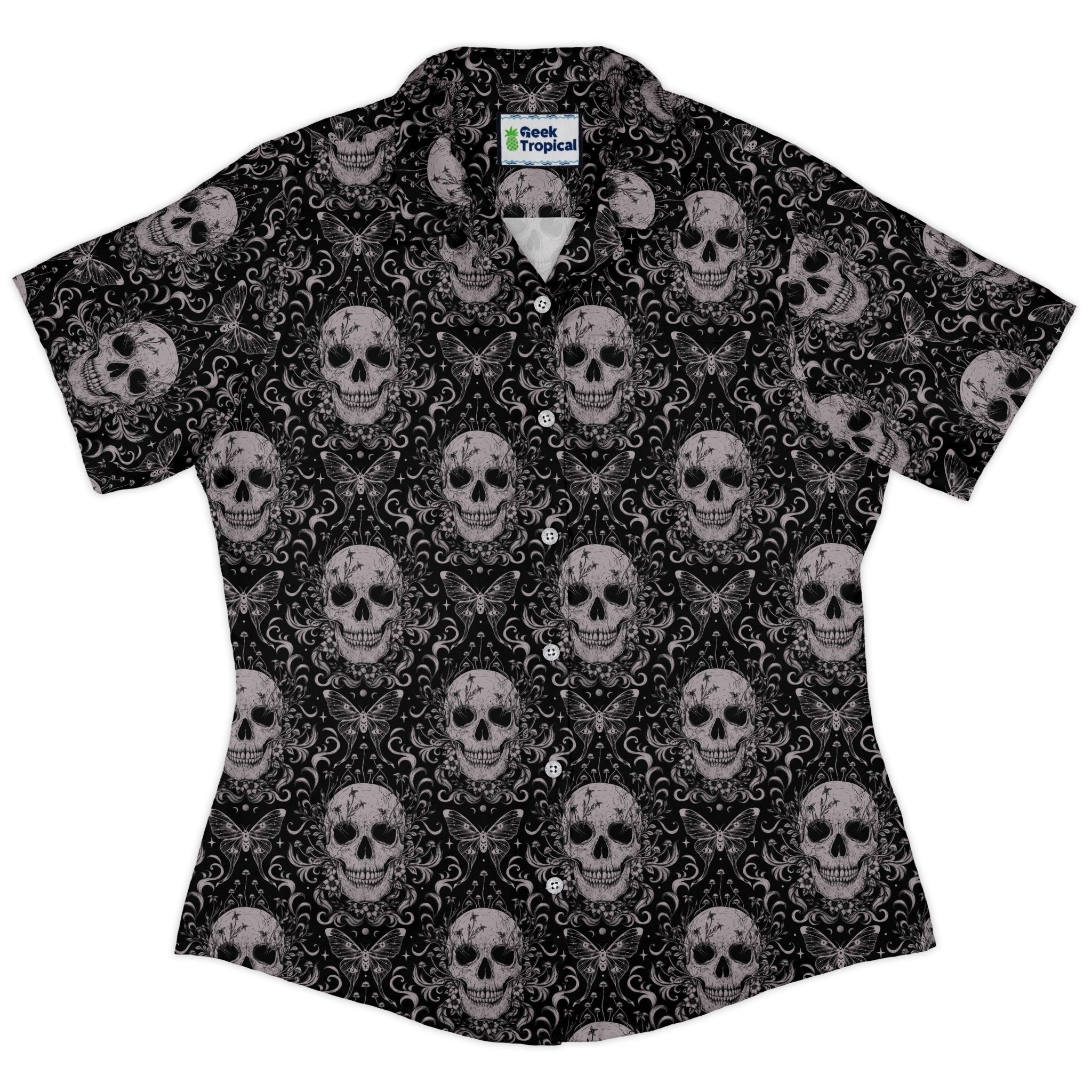 Episodic Skull Black White Curvy Button Up Shirt Geek Nerd Botany Print Design by Episodic Fantasy Prints