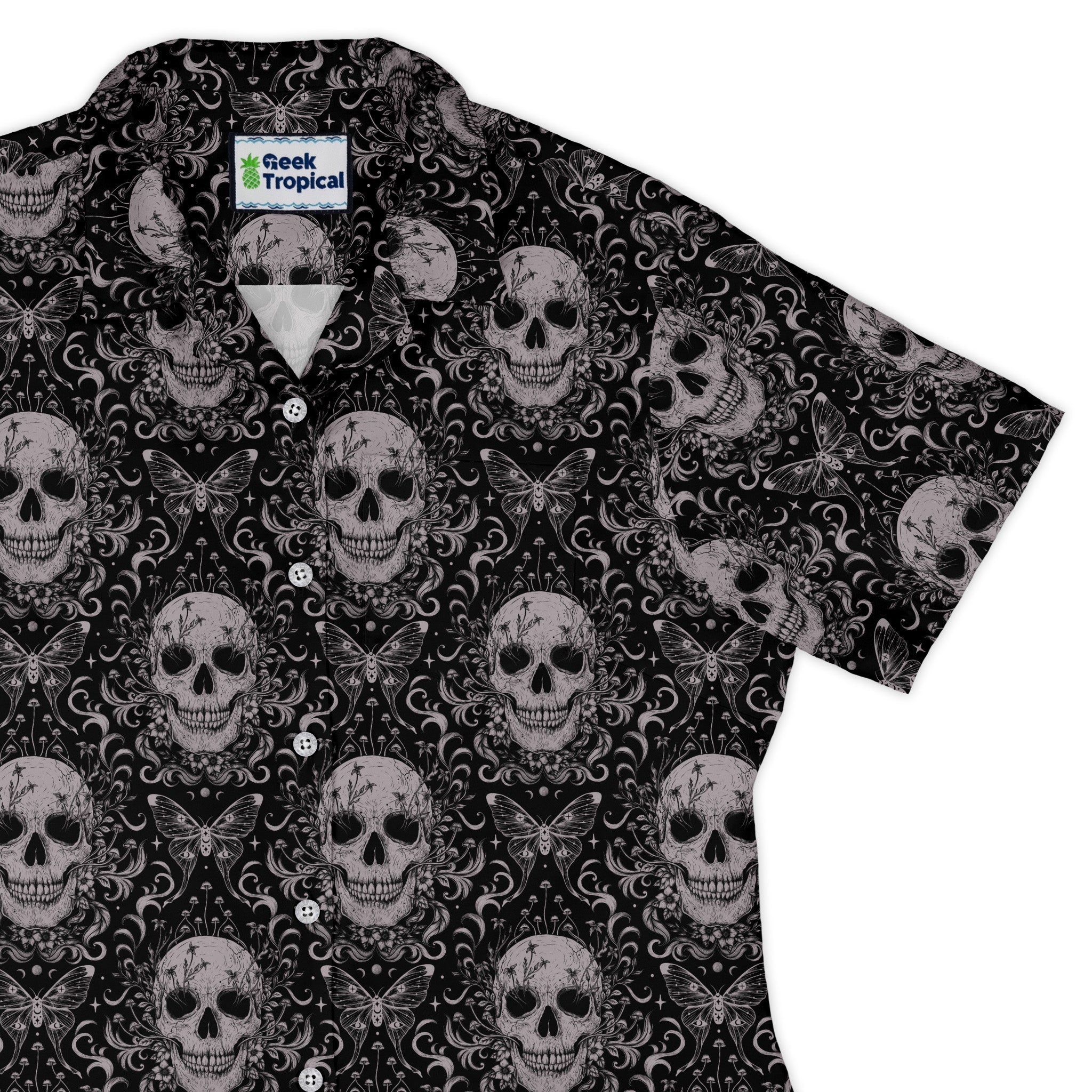 Episodic Skull Black White Curvy Button Up Shirt Geek Nerd Botany Print Design by Episodic Fantasy Prints