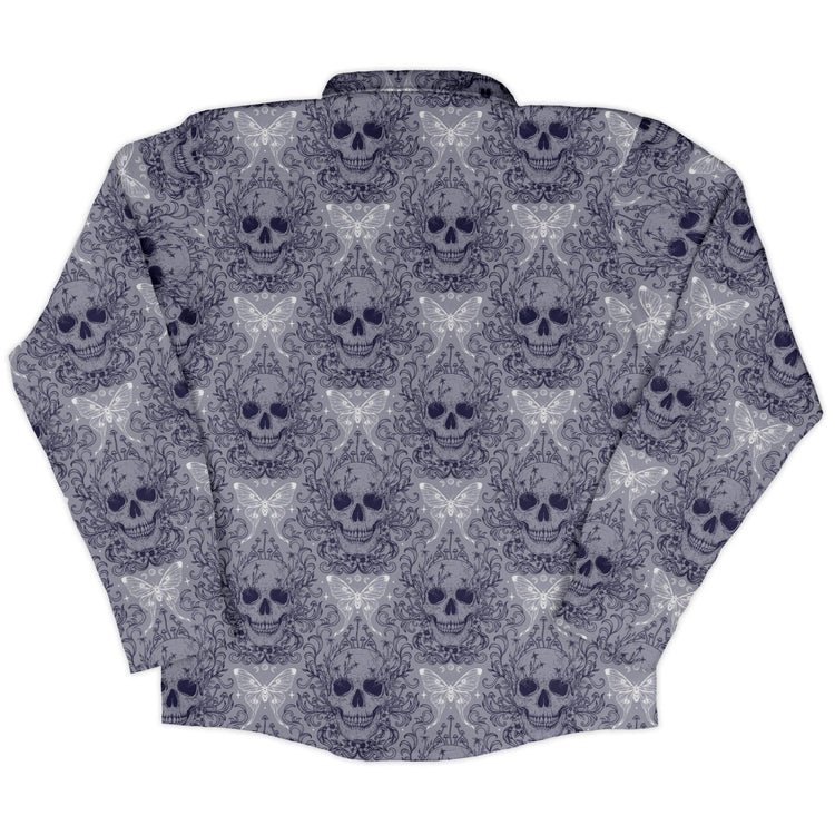 Episodic Skull Lavender Long Sleeve Button Up Shirt Geek Nerd adult sizing Botany Print Design by Episodic