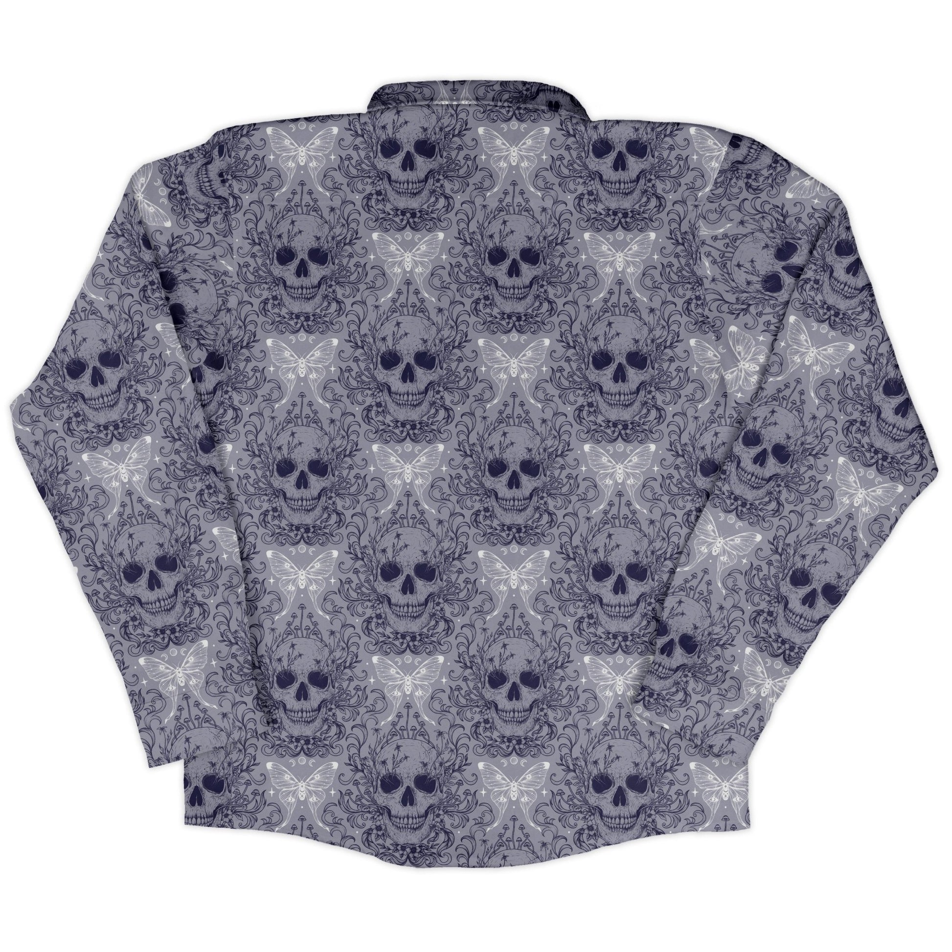 Episodic Skull Lavender Long Sleeve Button Up Shirt Geek Nerd adult sizing Botany Print Design by Episodic