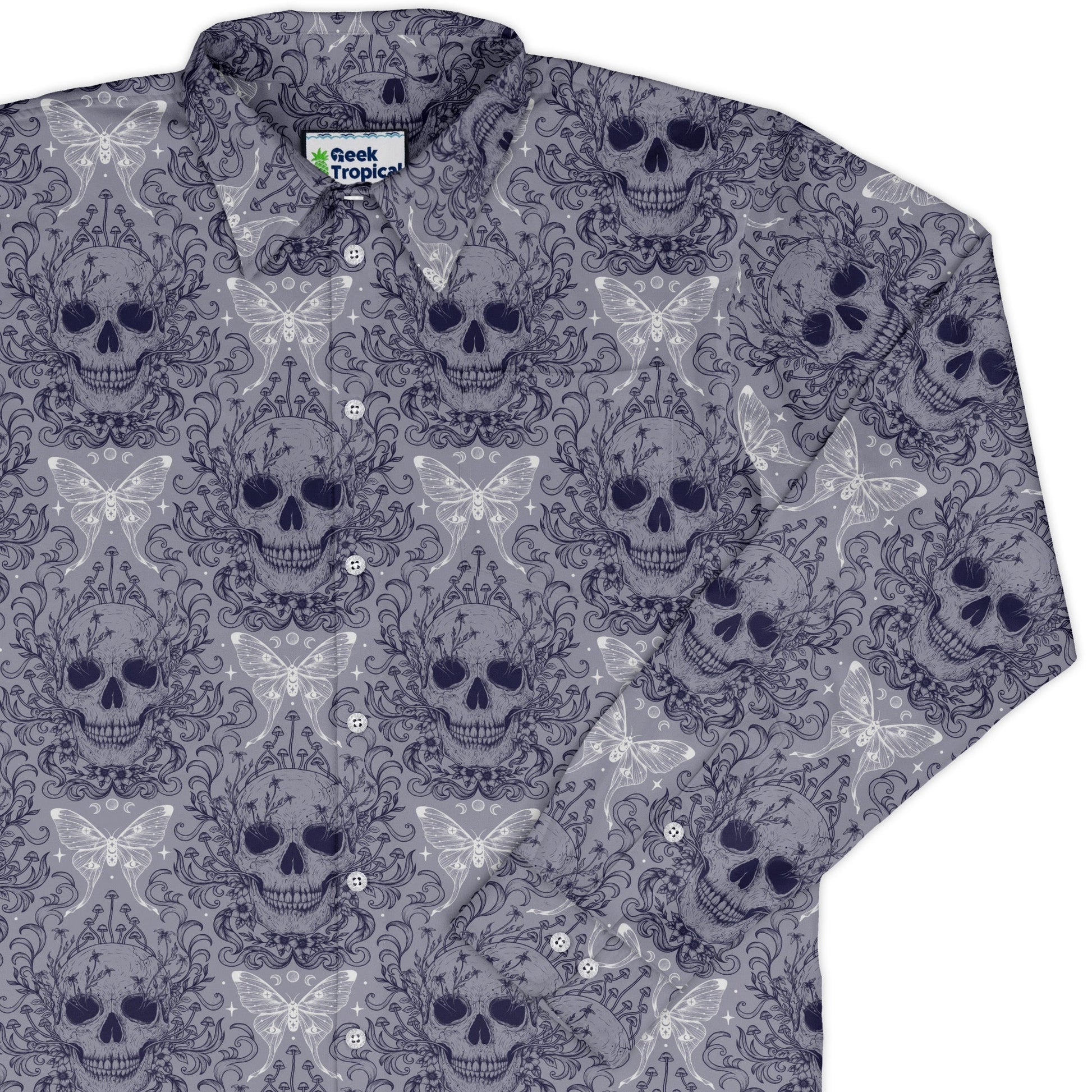 Episodic Skull Lavender Long Sleeve Button Up Shirt Geek Nerd adult sizing Botany Print Design by Episodic