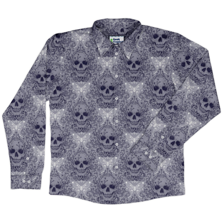 Episodic Skull Lavender Long Sleeve Button Up Shirt Geek Nerd adult sizing Botany Print Design by Episodic