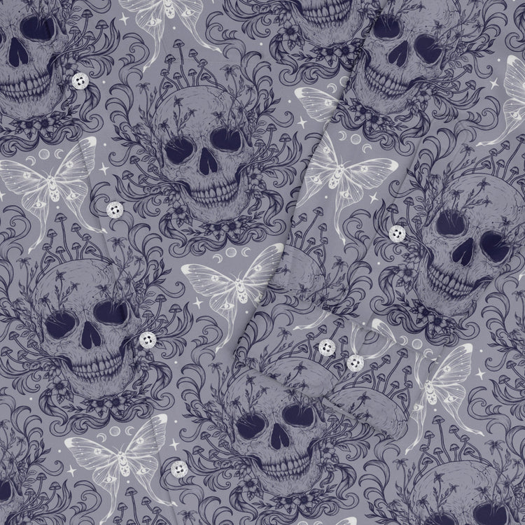 Episodic Skull Lavender Long Sleeve Button Up Shirt Geek Nerd adult sizing Botany Print Design by Episodic