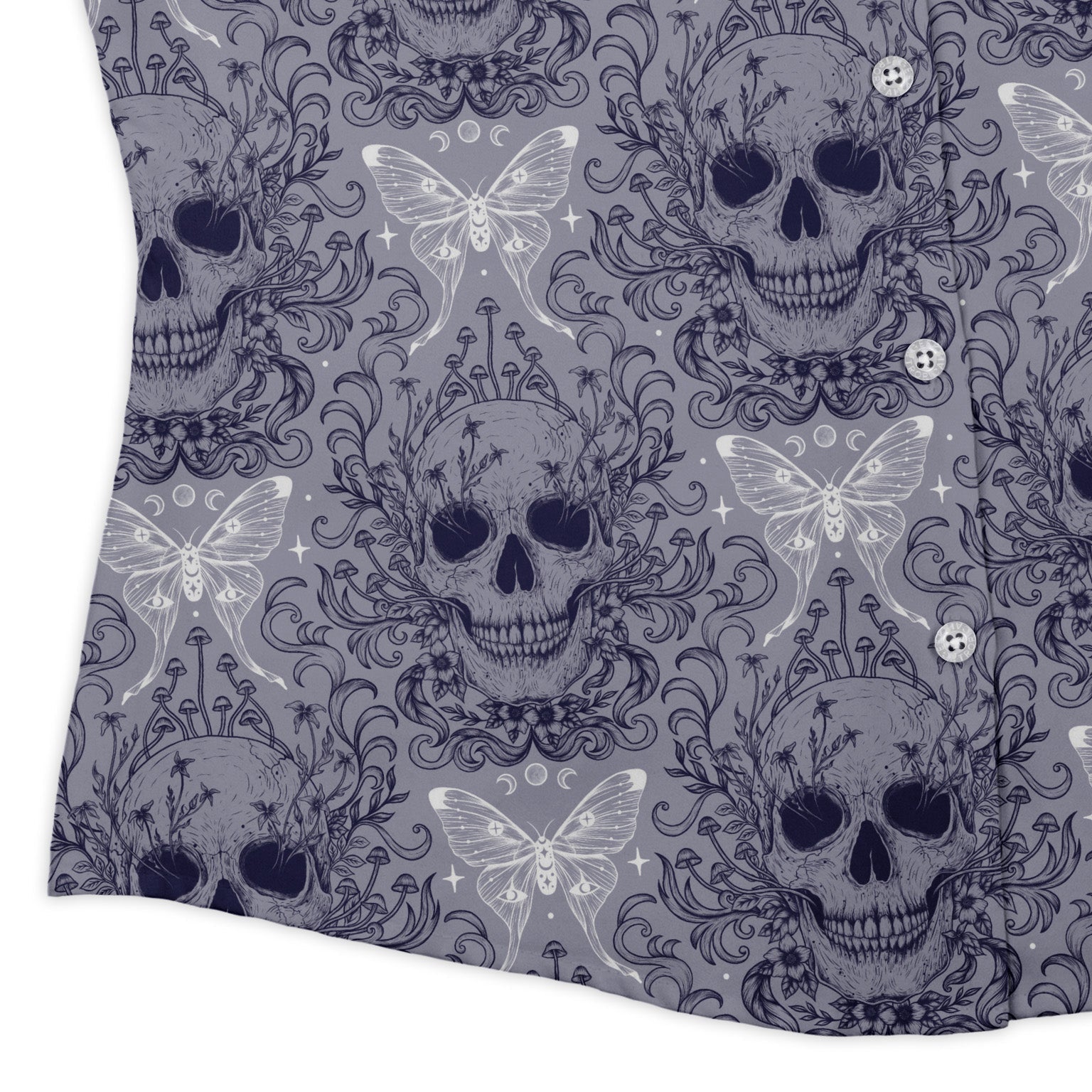 Episodic Skull Lavender Curvy Button Up Shirt Geek Nerd Botany Print Design by Episodic Fantasy Prints