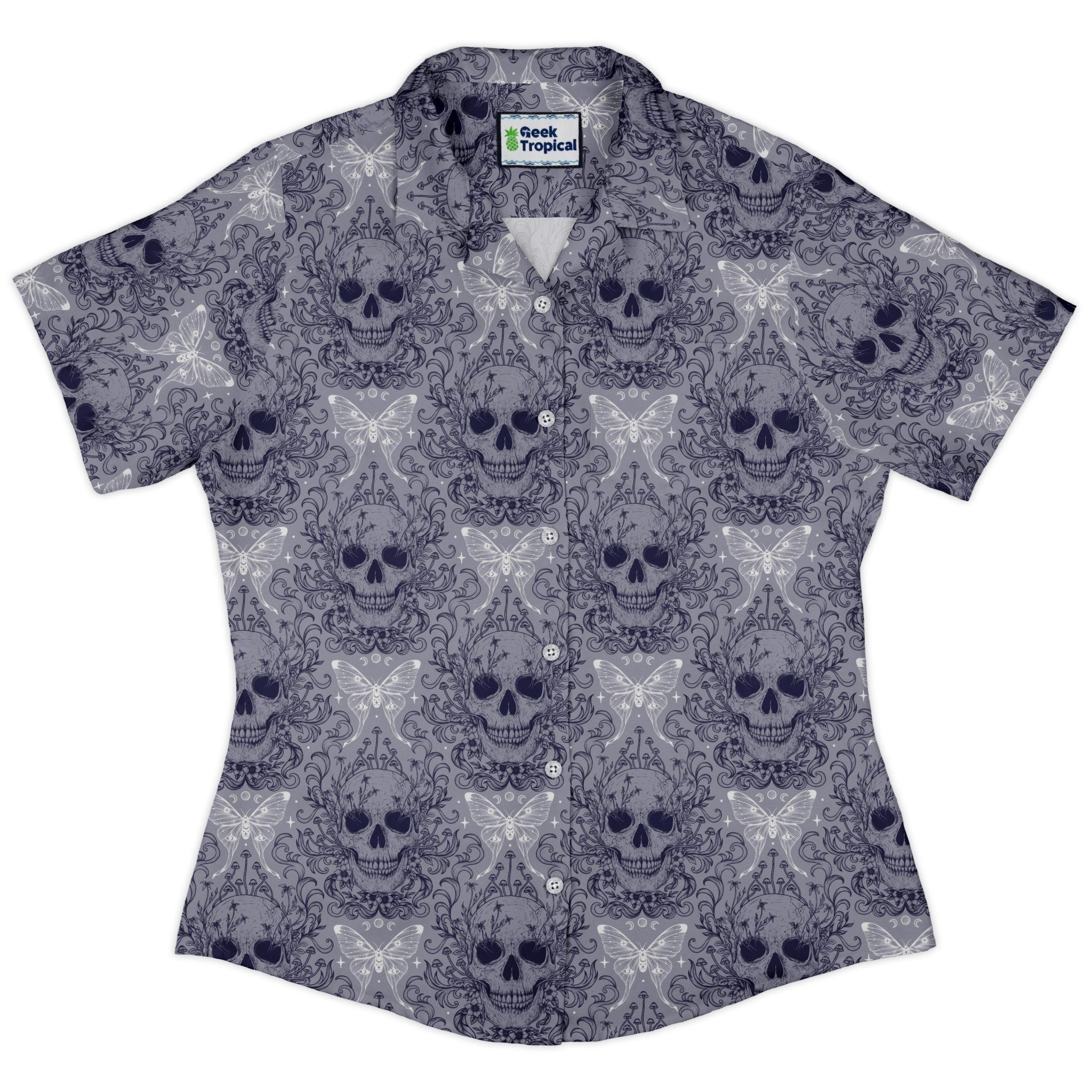 Episodic Skull Lavender Curvy Button Up Shirt Geek Nerd Botany Print Design by Episodic Fantasy Prints