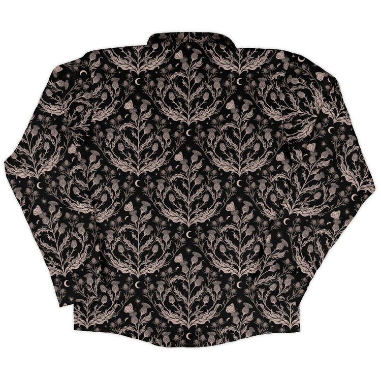 Episodic Thistle Home Black White Long Sleeve Button Up Shirt Geek Nerd adult sizing Botany Print Design by Episodic