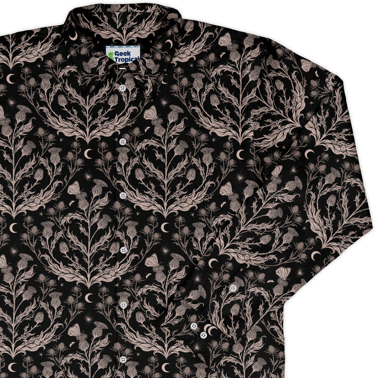 Episodic Thistle Home Black White Long Sleeve Button Up Shirt Geek Nerd adult sizing Botany Print Design by Episodic