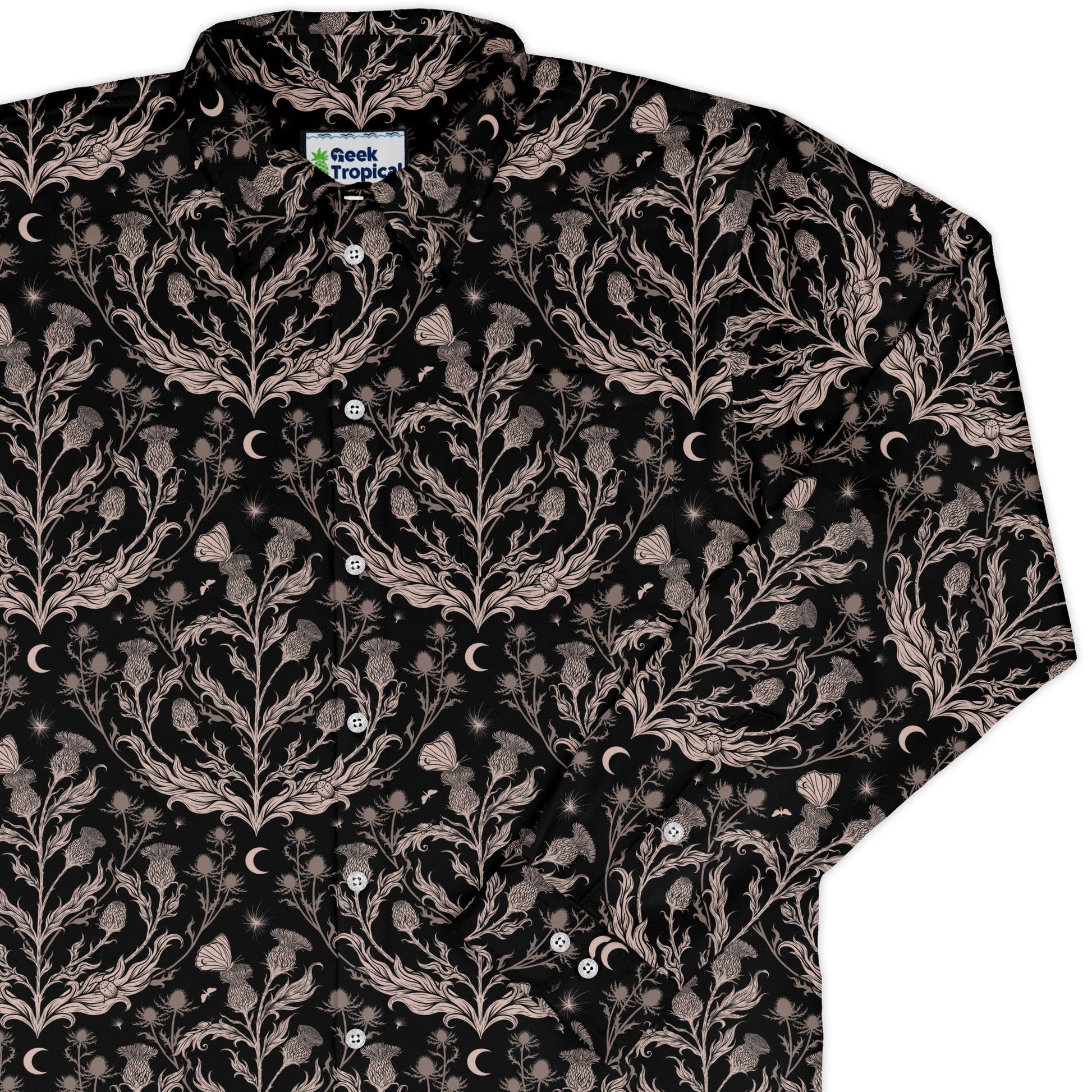 Episodic Thistle Home Black White Long Sleeve Button Up Shirt Geek Nerd adult sizing Botany Print Design by Episodic