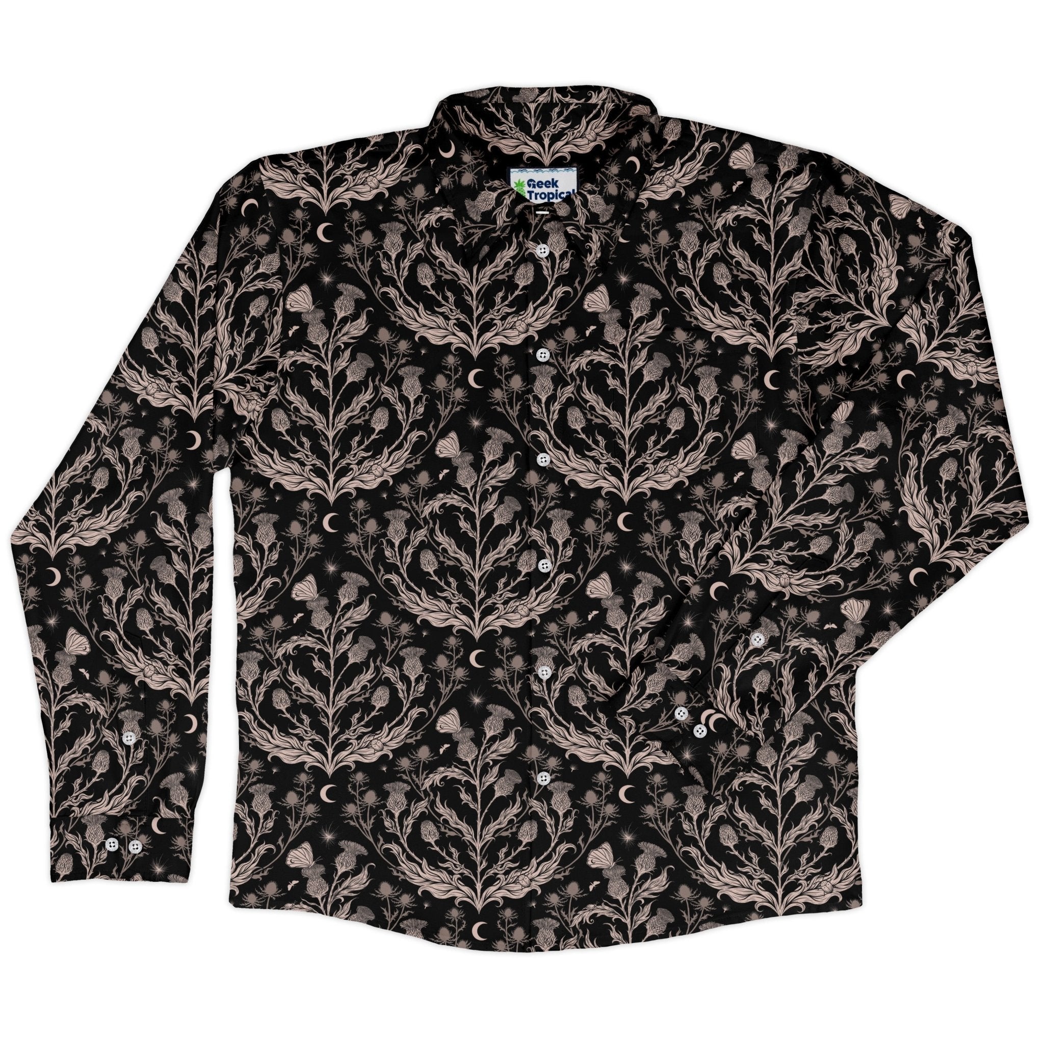 Episodic Thistle Home Black White Long Sleeve Button Up Shirt Geek Nerd adult sizing Botany Print Design by Episodic