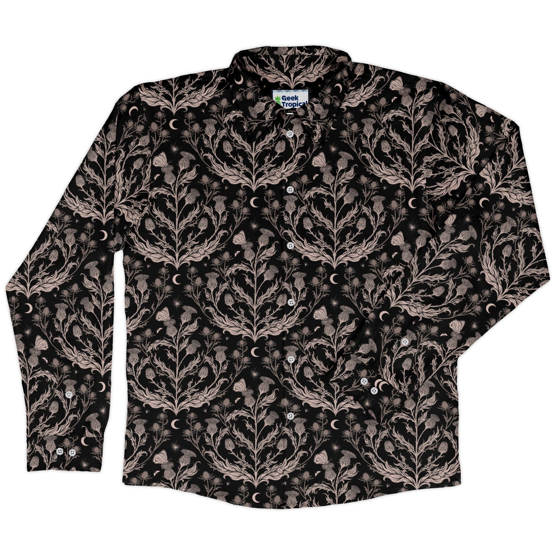 Episodic Thistle Home Black White Long Sleeve Button Up Shirt Geek Nerd adult sizing Botany Print Design by Episodic