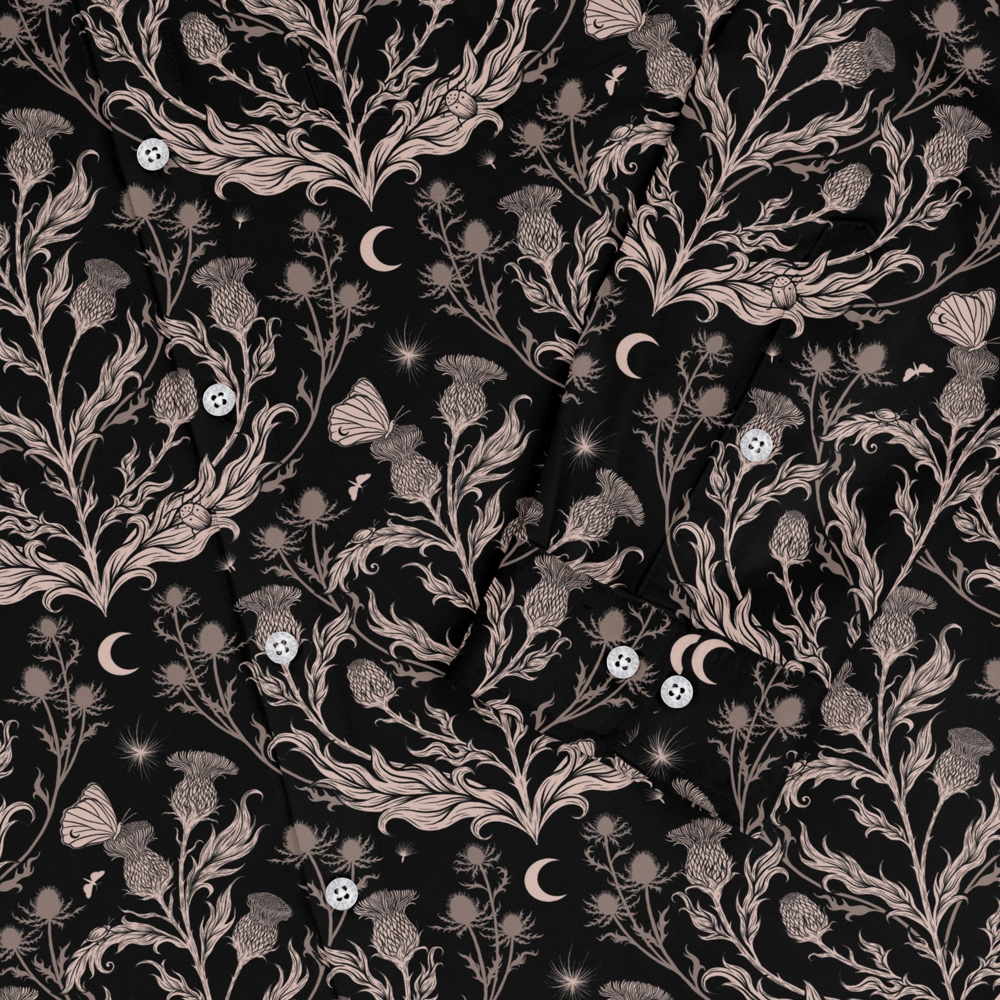 Episodic Thistle Home Black White Long Sleeve Button Up Shirt Geek Nerd adult sizing Botany Print Design by Episodic