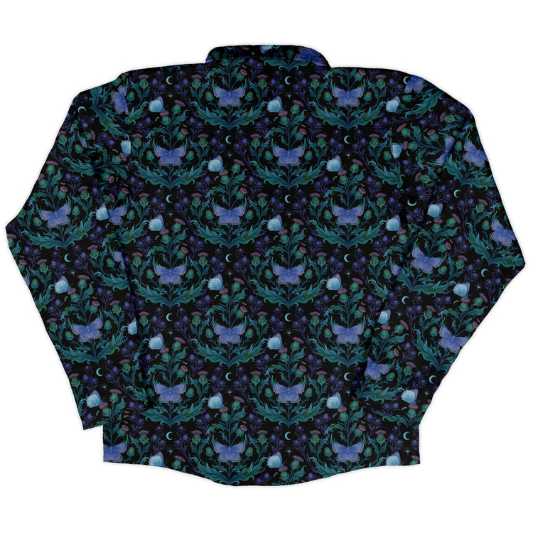 Episodic Thistle Moths Purple Long Sleeve Button Up Shirt Geek Nerd adult sizing Botany Print Design by Episodic
