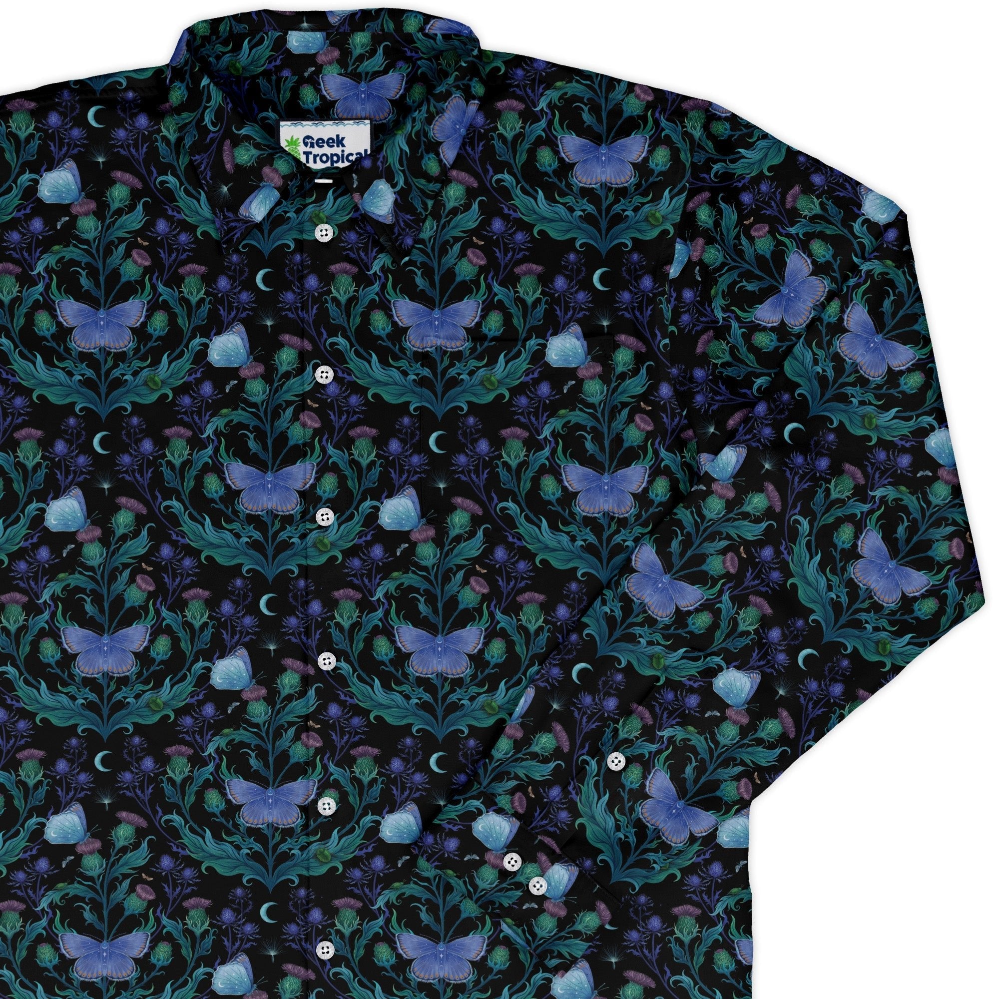 Episodic Thistle Moths Purple Long Sleeve Button Up Shirt Geek Nerd adult sizing Botany Print Design by Episodic