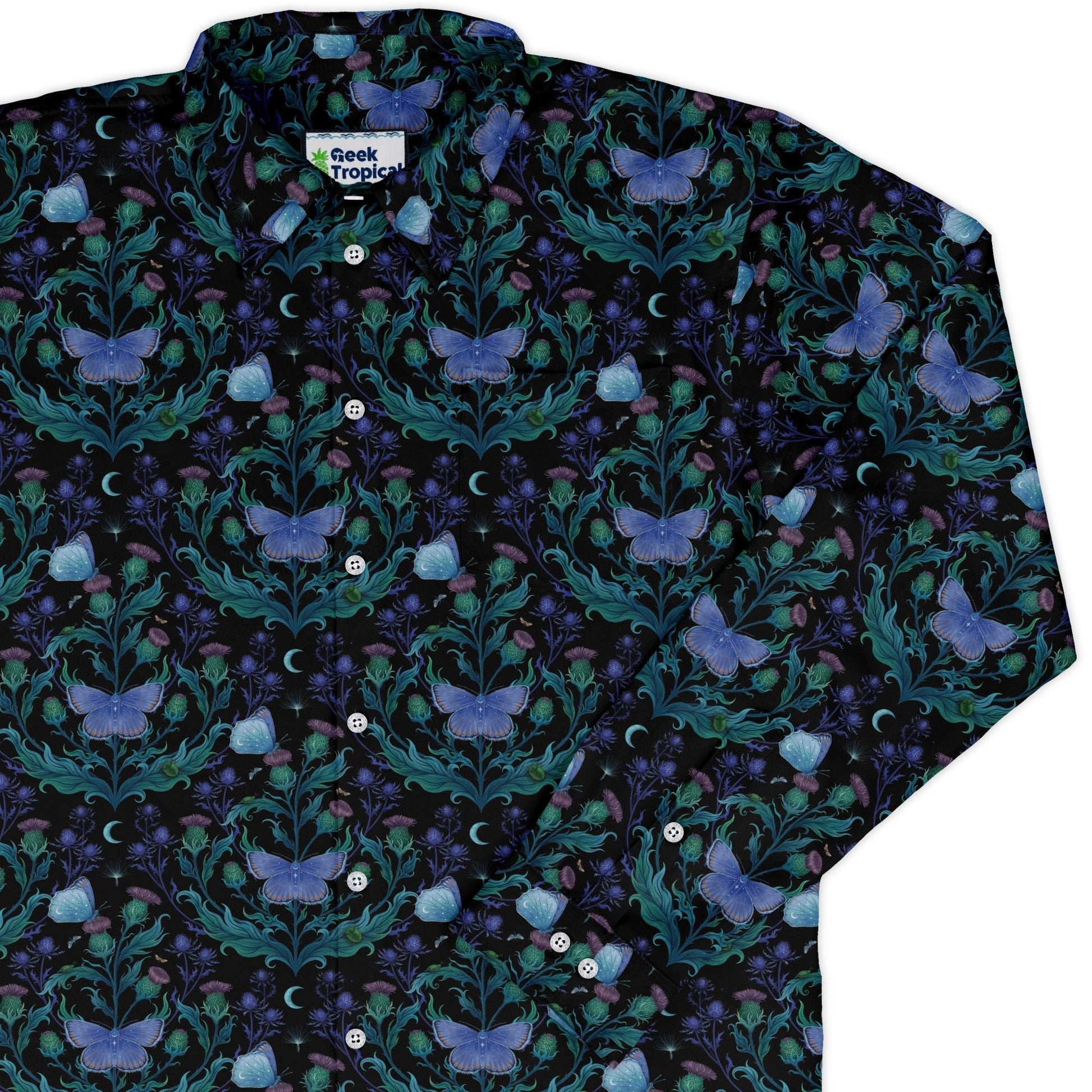 Episodic Thistle Moths Purple Long Sleeve Button Up Shirt Geek Nerd adult sizing Botany Print Design by Episodic