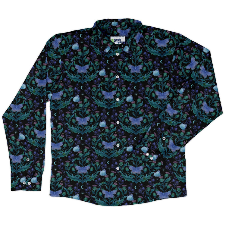 Episodic Thistle Moths Purple Long Sleeve Button Up Shirt Geek Nerd adult sizing Botany Print Design by Episodic