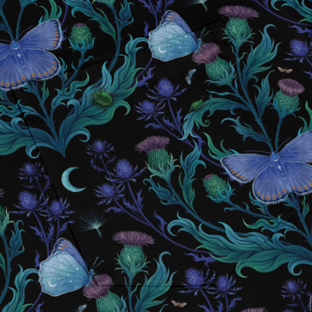 Episodic Thistle Moths Purple Long Sleeve Button Up Shirt Geek Nerd adult sizing Botany Print Design by Episodic