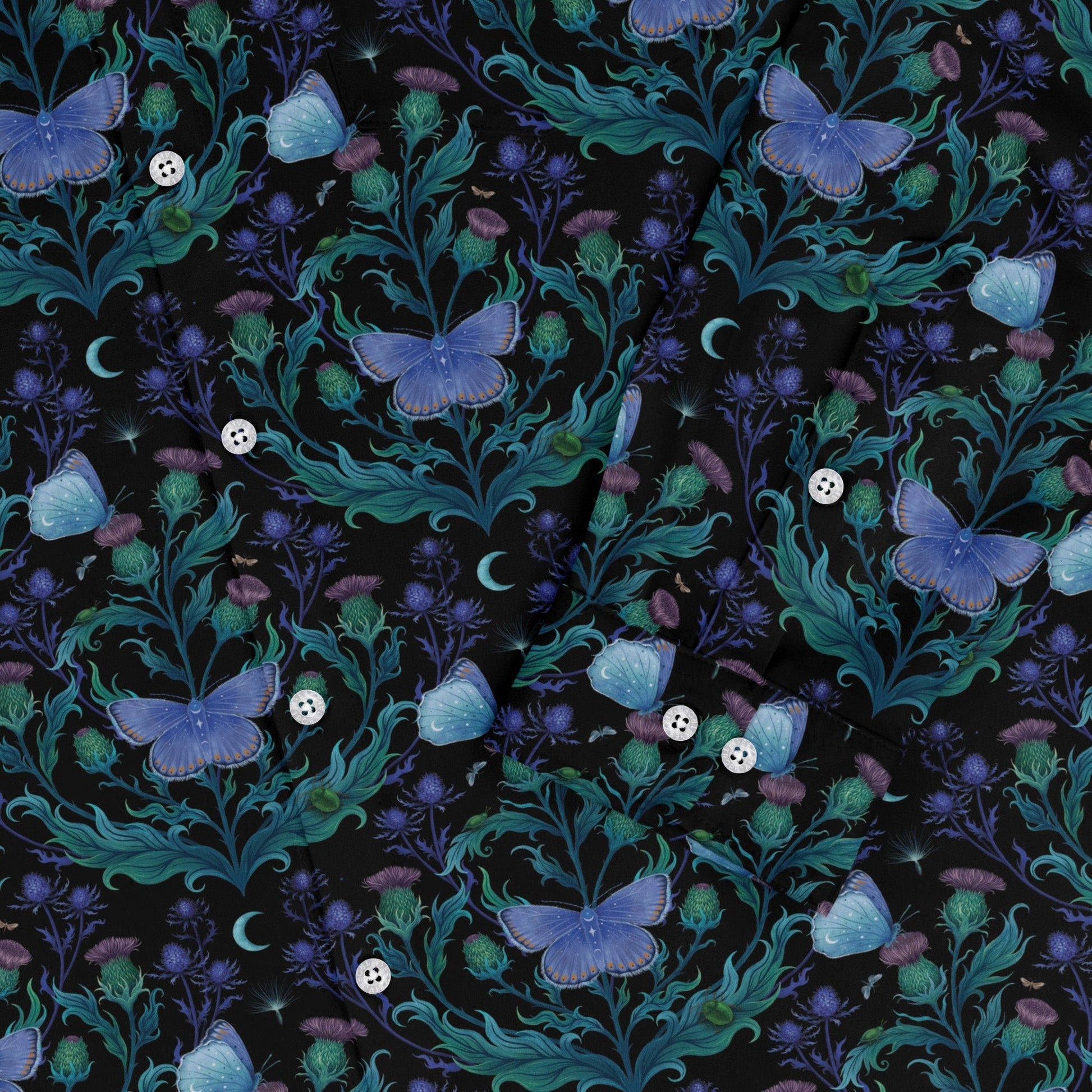 Episodic Thistle Moths Purple Long Sleeve Button Up Shirt Geek Nerd adult sizing Botany Print Design by Episodic