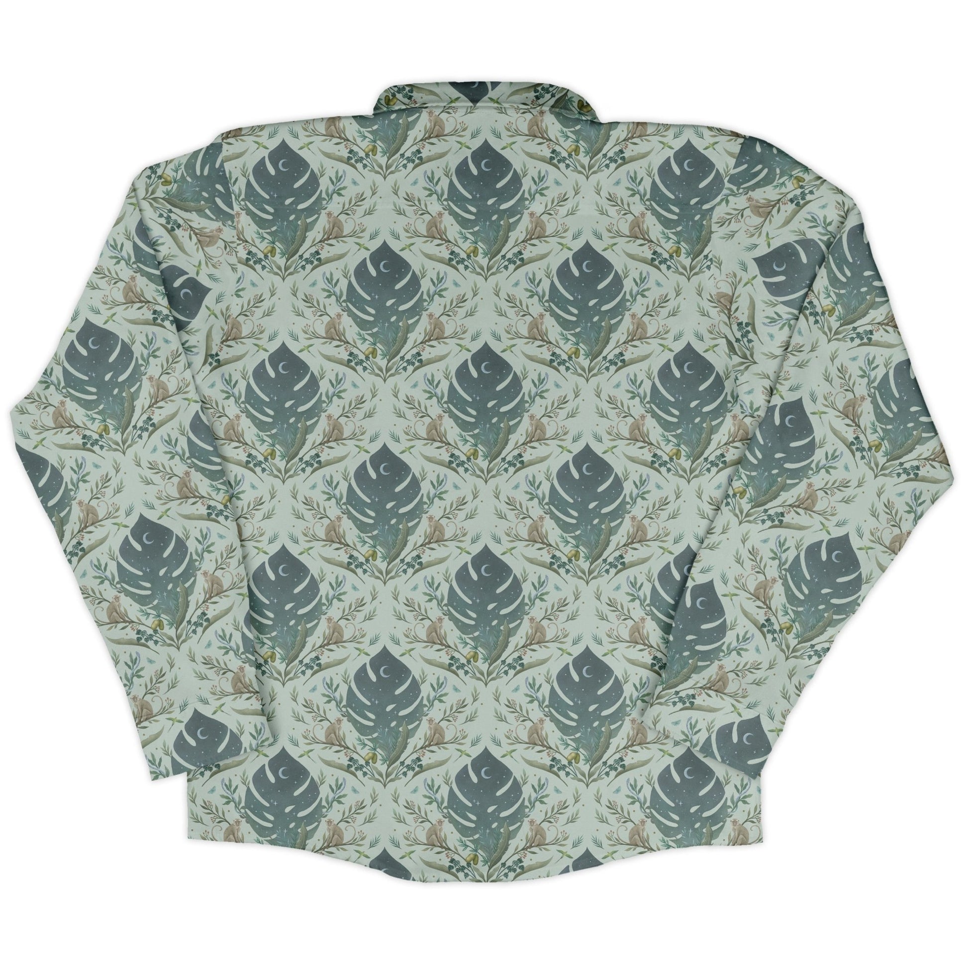 Episodic Tropical Monkey Green Long Sleeve Button Up Shirt Geek Nerd adult sizing Animal Patterns Botany Print