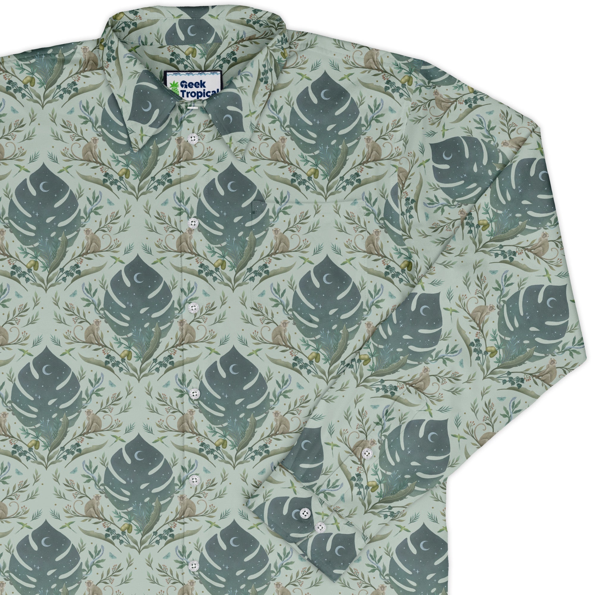 Episodic Tropical Monkey Green Long Sleeve Button Up Shirt Geek Nerd adult sizing Animal Patterns Botany Print
