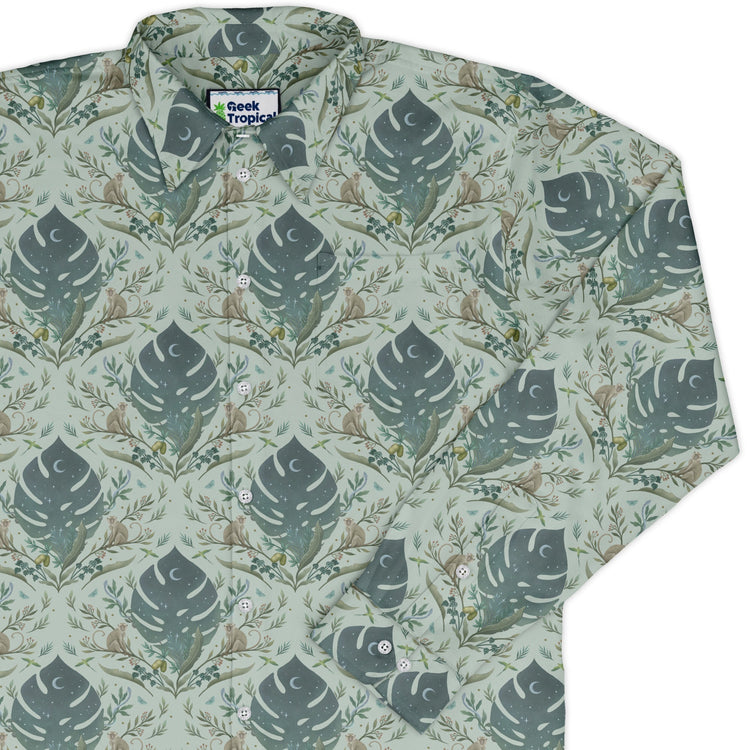 Episodic Tropical Monkey Green Long Sleeve Button Up Shirt Geek Nerd adult sizing Animal Patterns Botany Print