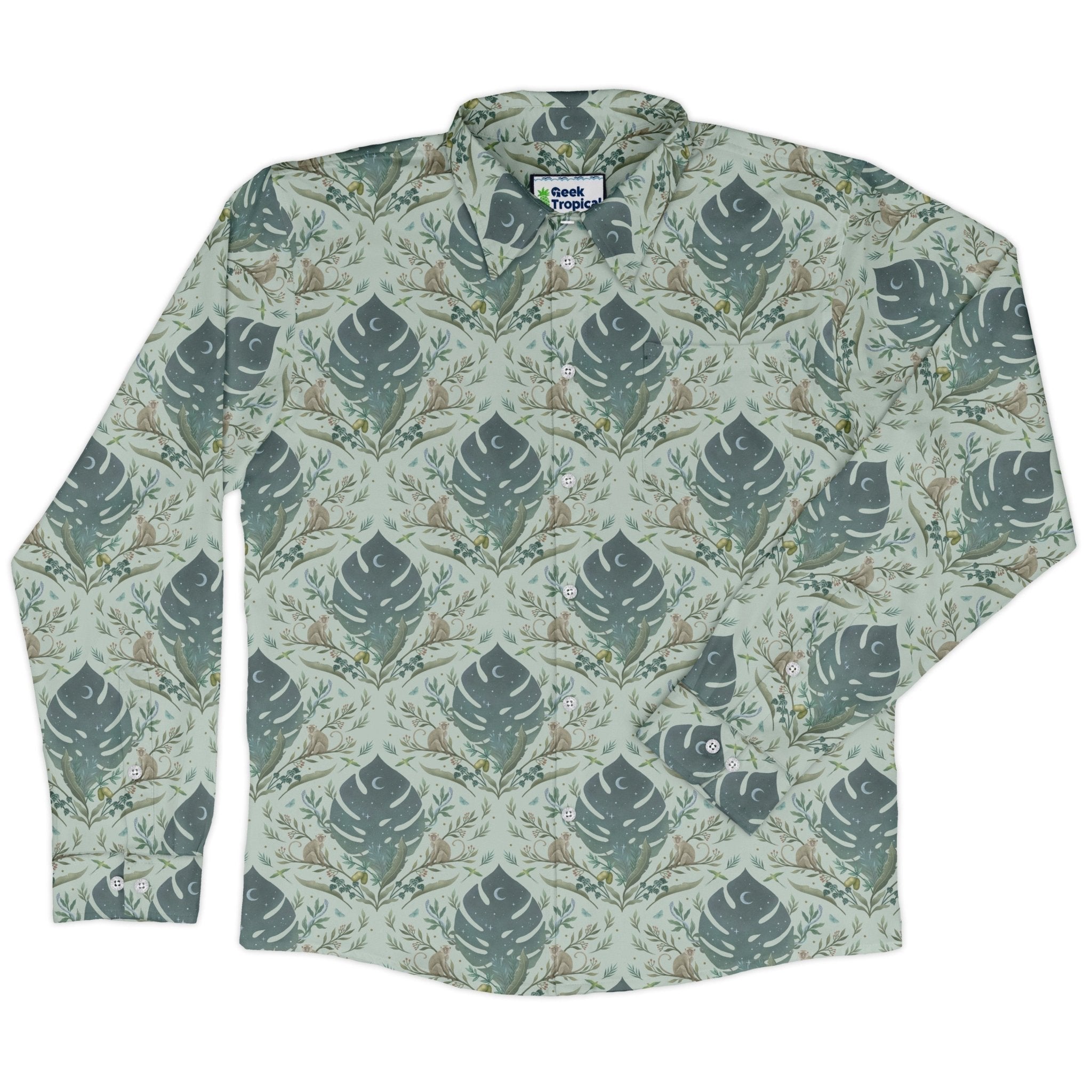 Episodic Tropical Monkey Green Long Sleeve Button Up Shirt Geek Nerd adult sizing Animal Patterns Botany Print