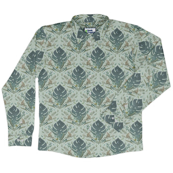 Episodic Tropical Monkey Green Long Sleeve Button Up Shirt Geek Nerd adult sizing Animal Patterns Botany Print