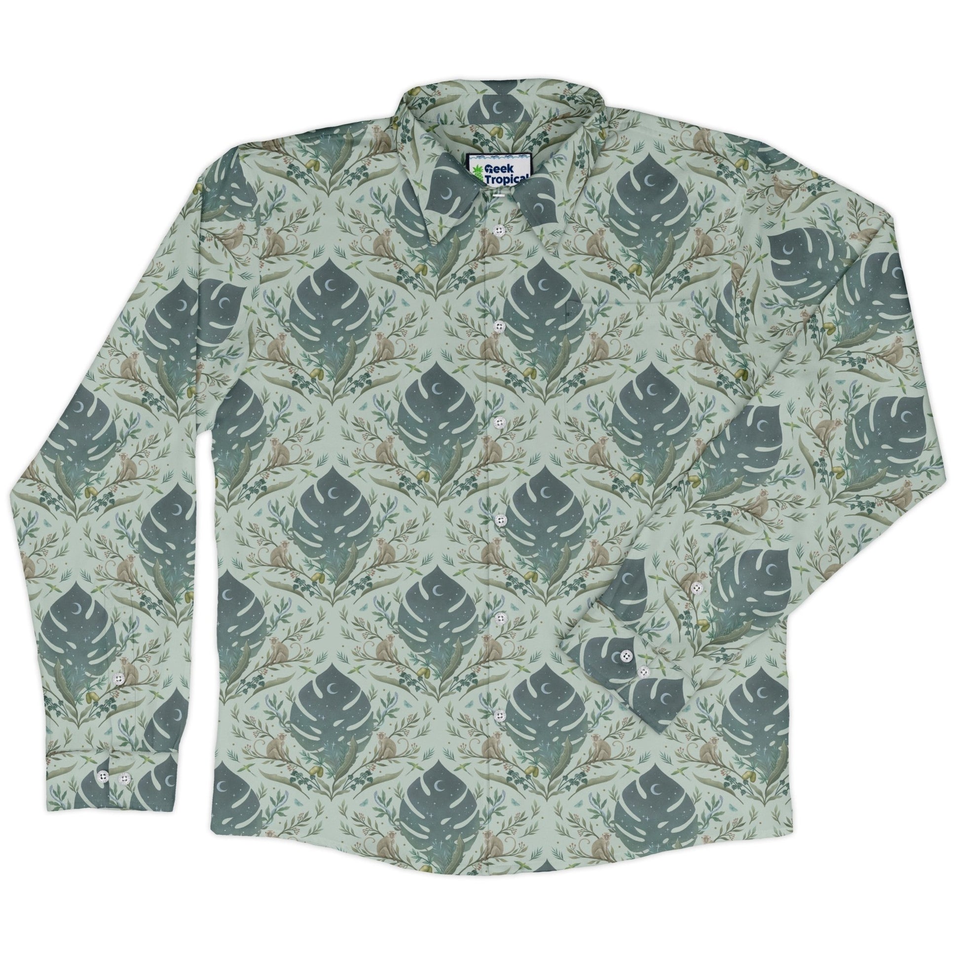 Episodic Tropical Monkey Green Long Sleeve Button Up Shirt Geek Nerd adult sizing Animal Patterns Botany Print